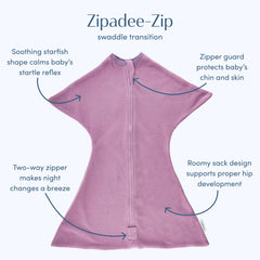 SleepingBaby Zipadee-Zip lavender fabric texture shows cozy, snug feel for night comfort.