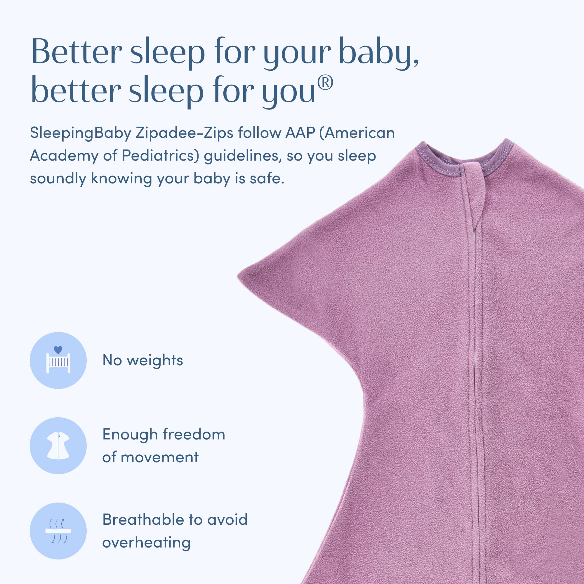 SleepingBaby Zipadee-Zip lavender sleep-scene captures calm, snug moment for soothing nights.
