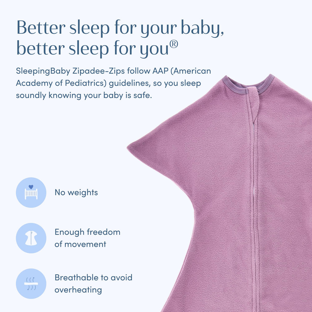 SleepingBaby Zipadee-Zip lavender sleep-scene captures calm, snug moment for soothing nights.