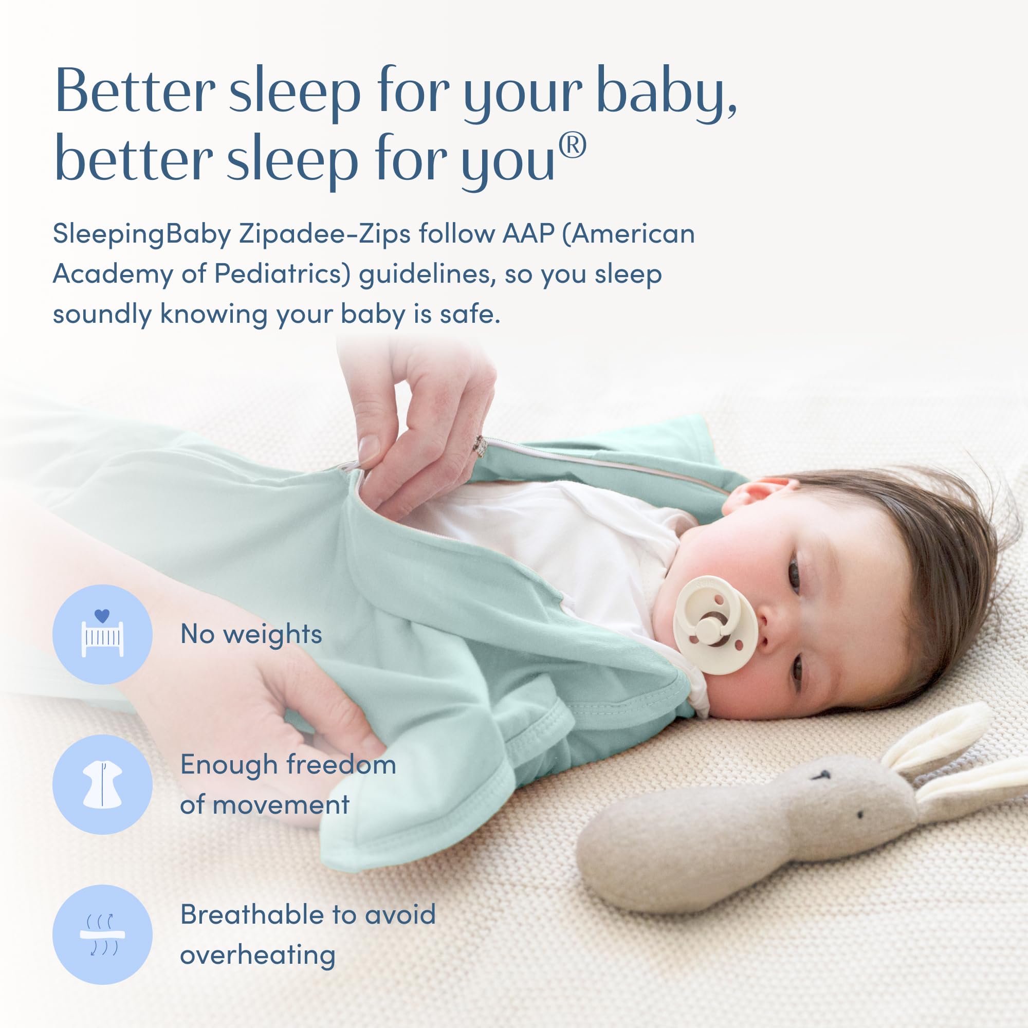 SleepingBaby Zipadee-Zip mint fabric feels soft against baby's skin.