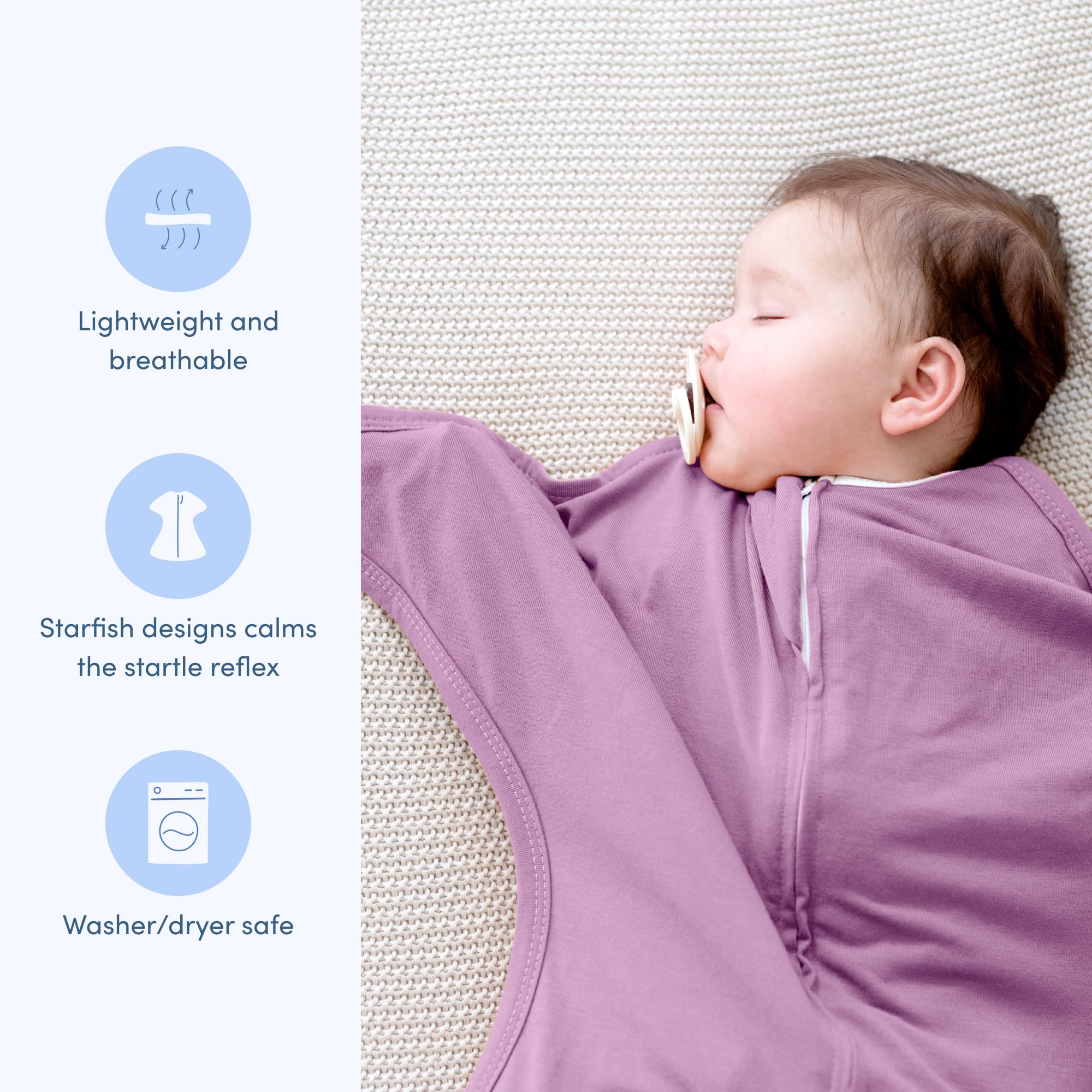 SleepingBaby Zipadee-Zip roomy fit showing space for leg movement in lavender.