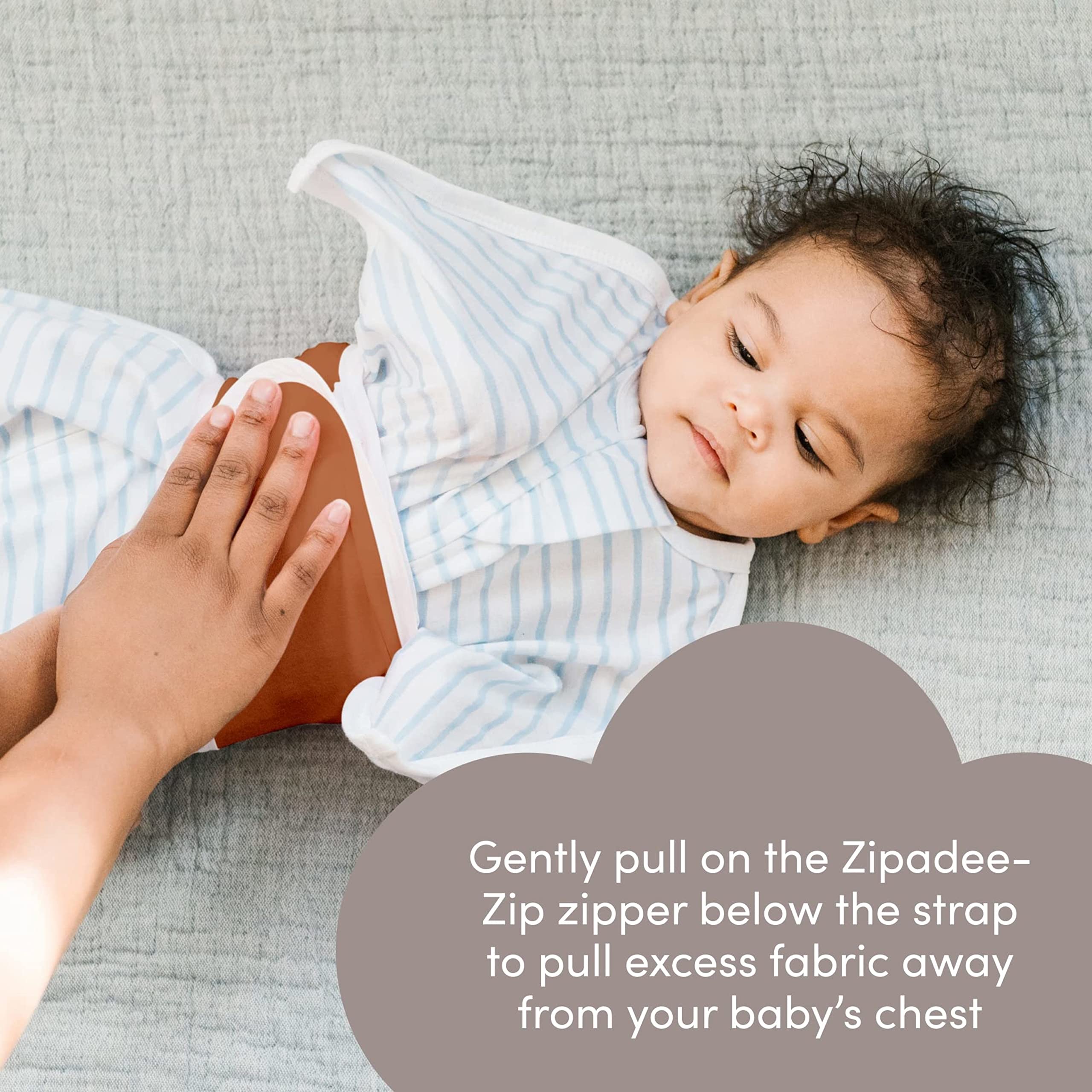 SleepingBaby Zipadee-Zip Snuggle Strap eliminates loose blankets in crib for calm snug environment.