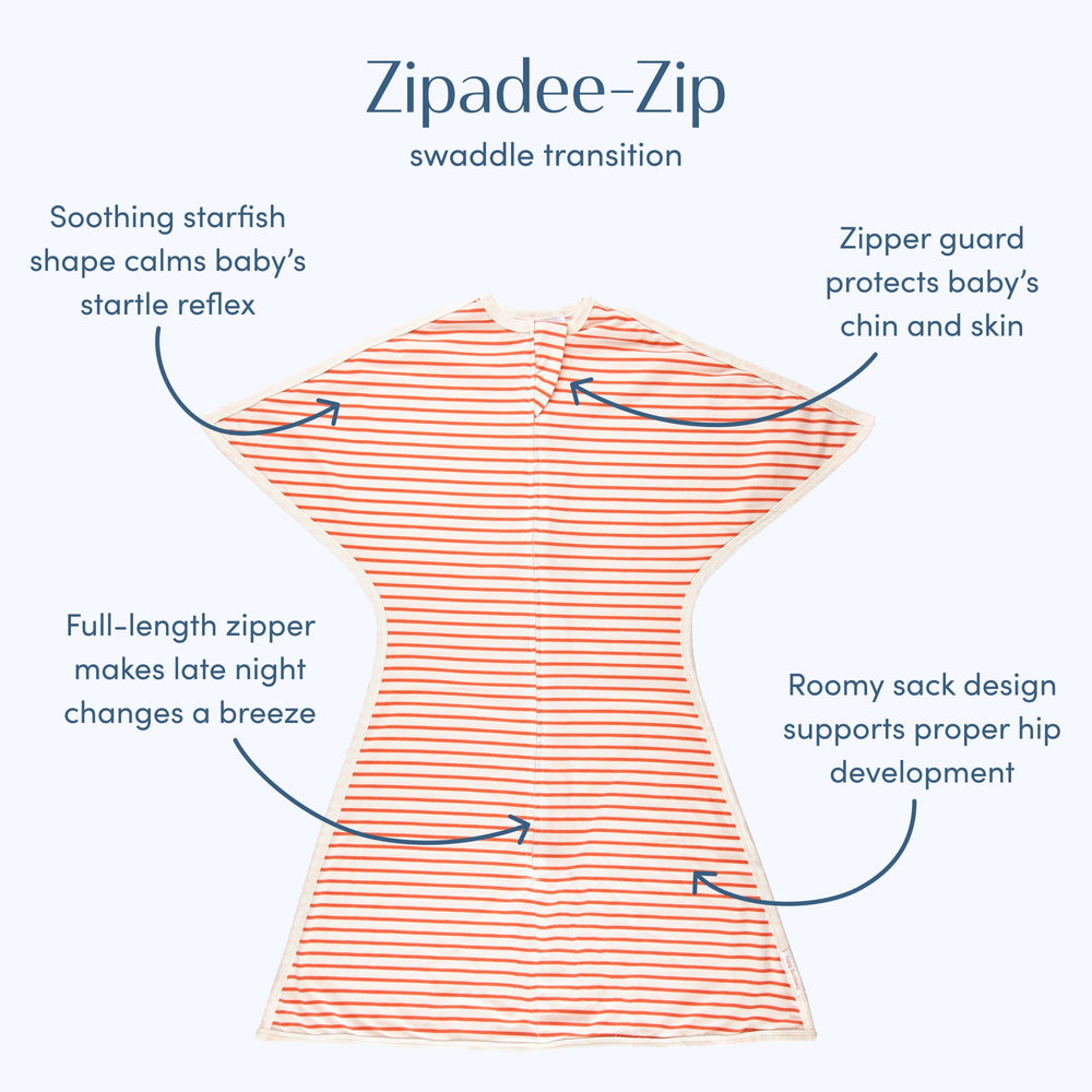SleepingBaby Zipadee-Zip stripes pattern full-swaddle image demonstrates roomy fit for leg movement