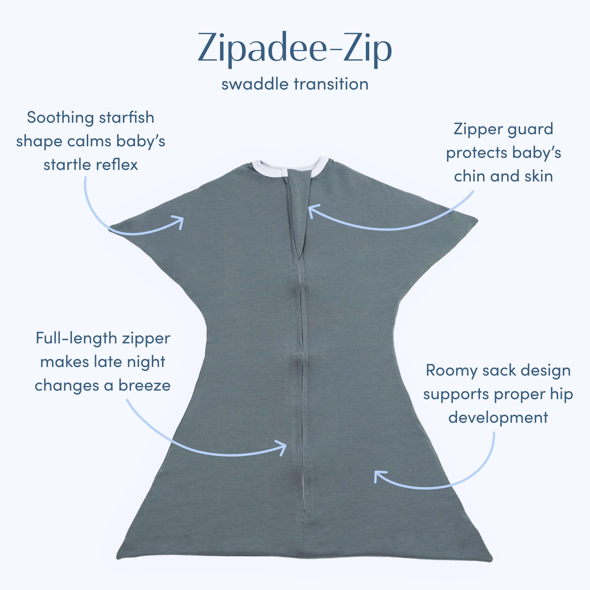SleepingBaby Zipadee-Zip transition swaddle starfish-design highlights womb-like comfort for soothing naps.