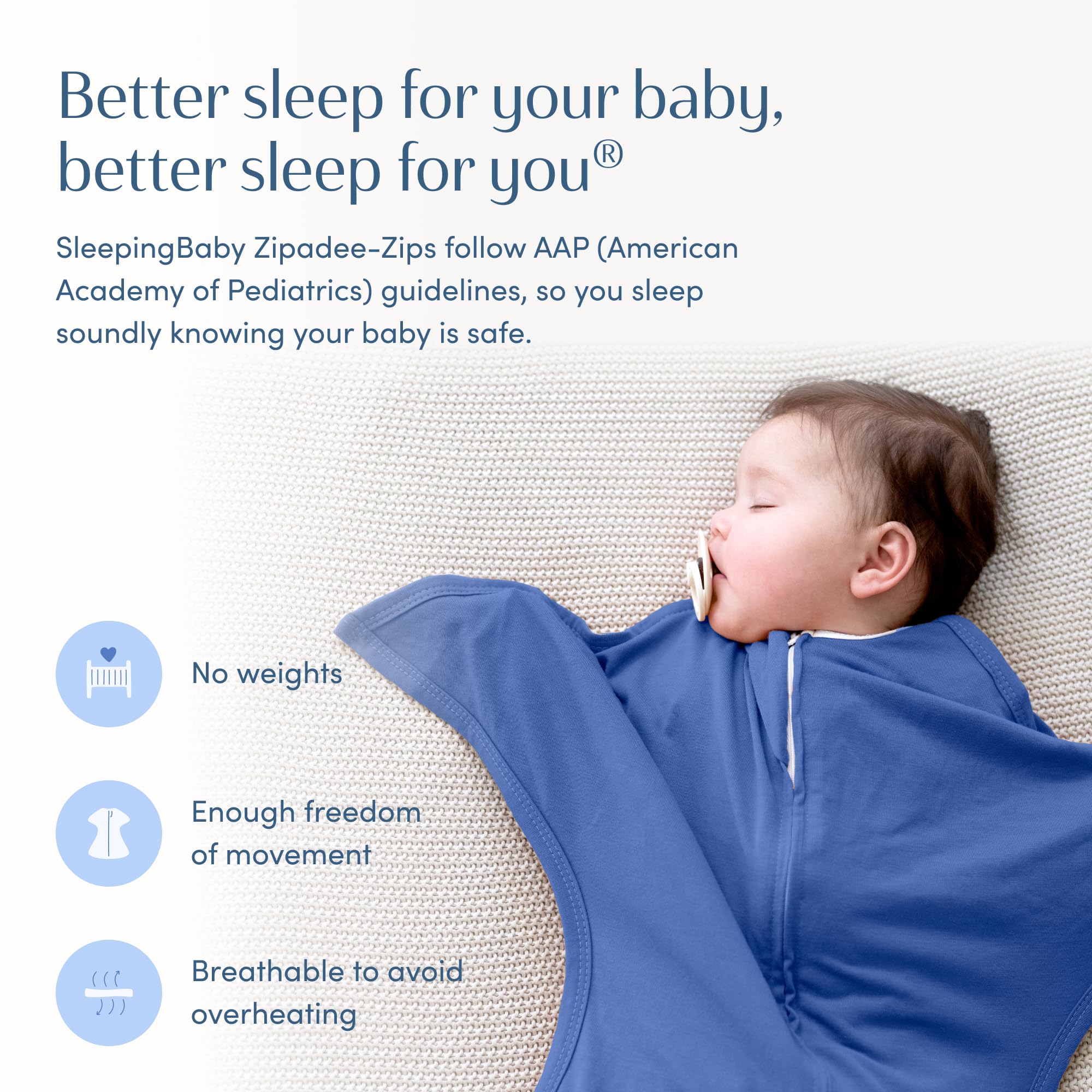 SleepingBaby Zipadee-Zip transition swaddle promotes quick diaper changes with front zipper.