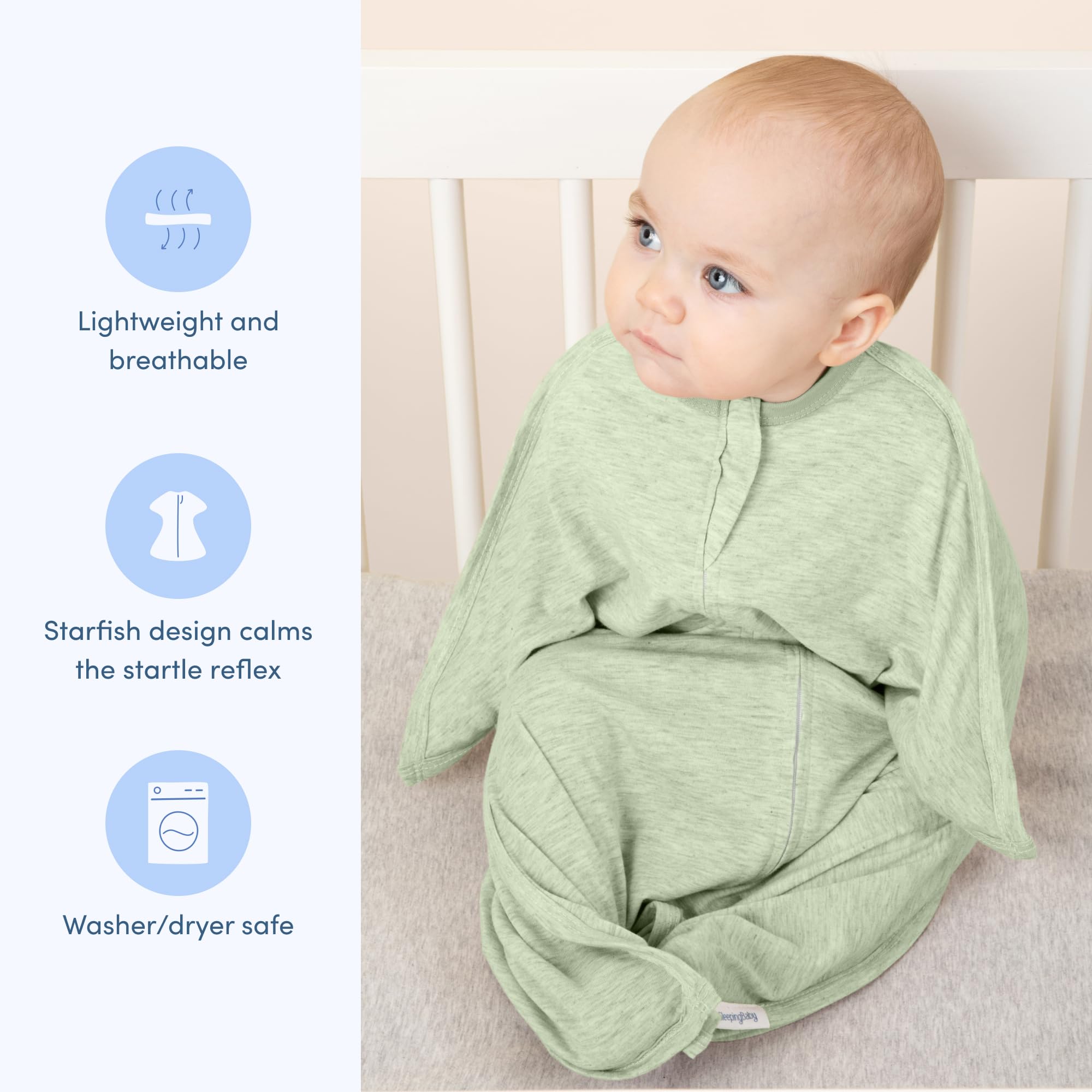 SleepingBaby Zipadee-Zip roomy design provides space for legs to move naturally.