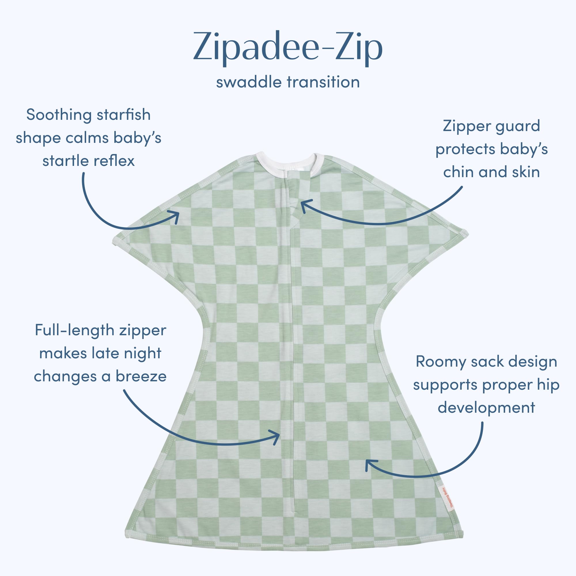 SleepingBaby Zipadee-Zip sea green-blue side view shows roomy leg space