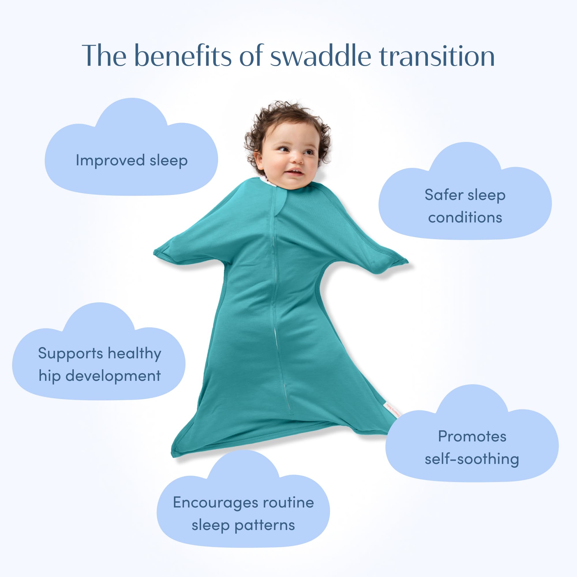 SleepingBaby Zipadee-Zip teal packaging shows easy care and sizing