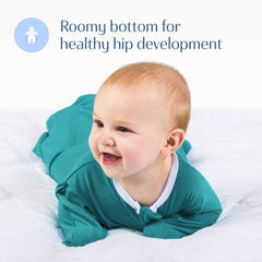 SleepingBaby Zipadee-Zip teal roomy design supports leg movement and hip comfort