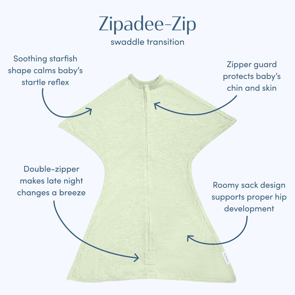 SleepingBaby Zipadee-Zip Zen Garden Green Heather with diaper-change zipper for quick access.
