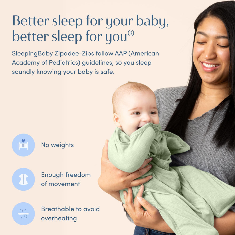 SleepingBaby Zipadee-Zip Zen Garden Green Heather womb-mimic styling for snug feeling.