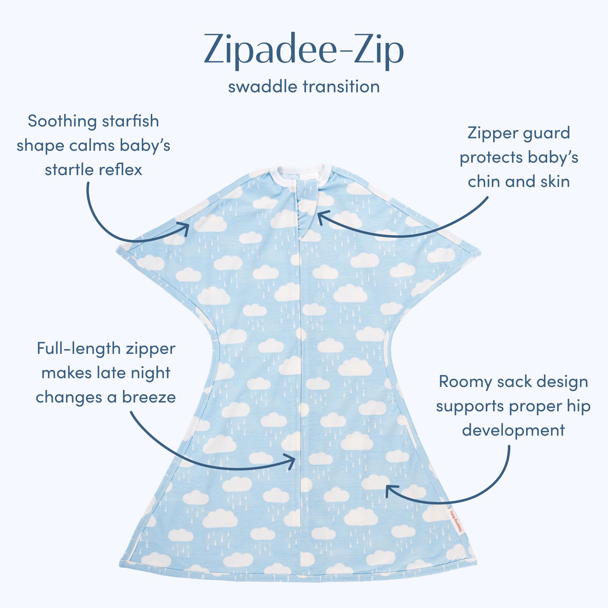 SleepingBaby Zipadee-Zip demonstrates zipper for quick diaper changes.