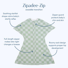 SleepingBaby Zipadee-Zip transition swaddle zipper detail for quick diaper changes and night-time ease.