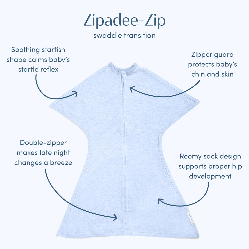 SleepingBaby Zipadee-Zip two-way zip enables quick diaper changes at night.