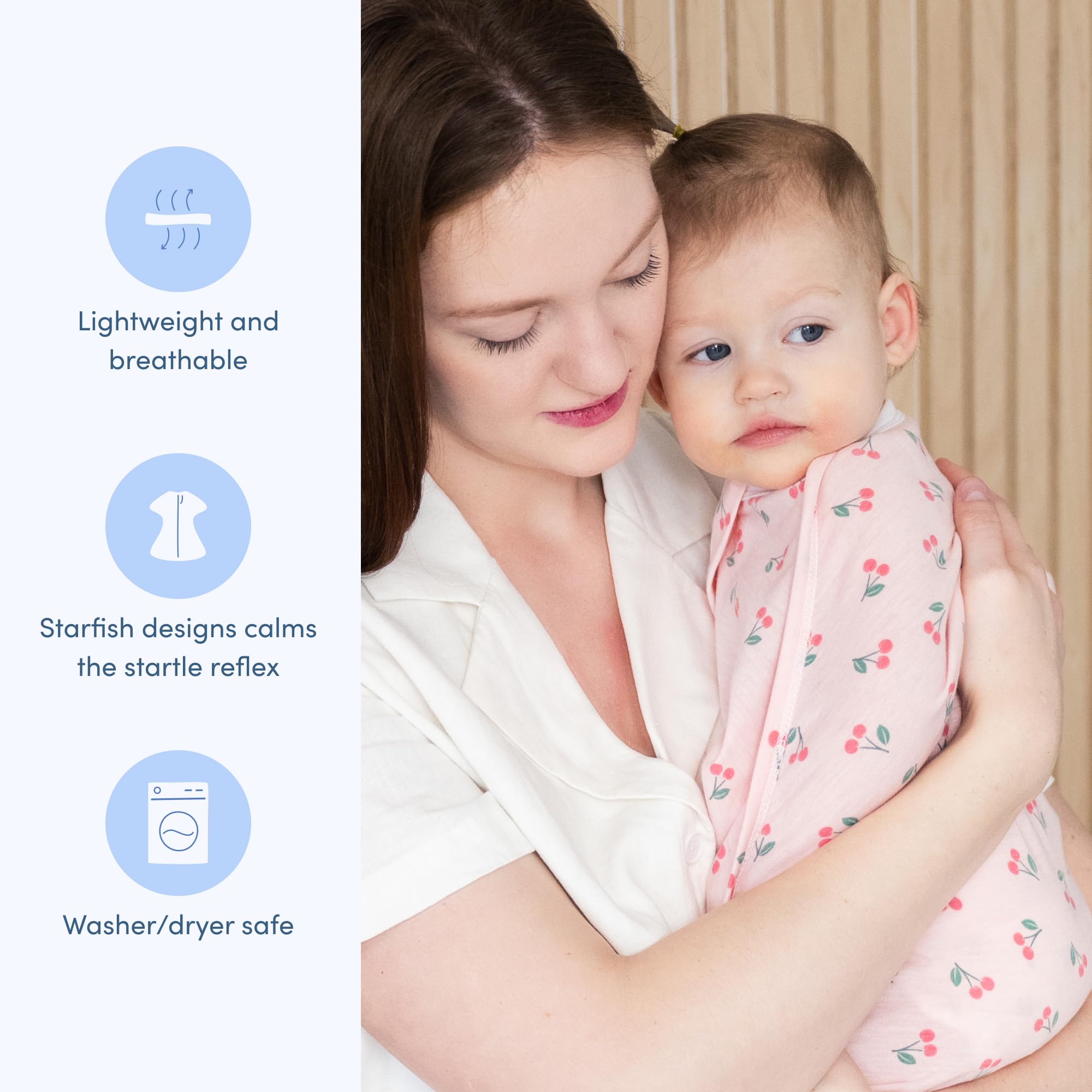 SleepingBaby zippered swaddle enables quick diaper changes