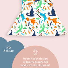 SleepingBaby Zippy Swaddle dino-design closeup highlights breathable fabric and friendly look