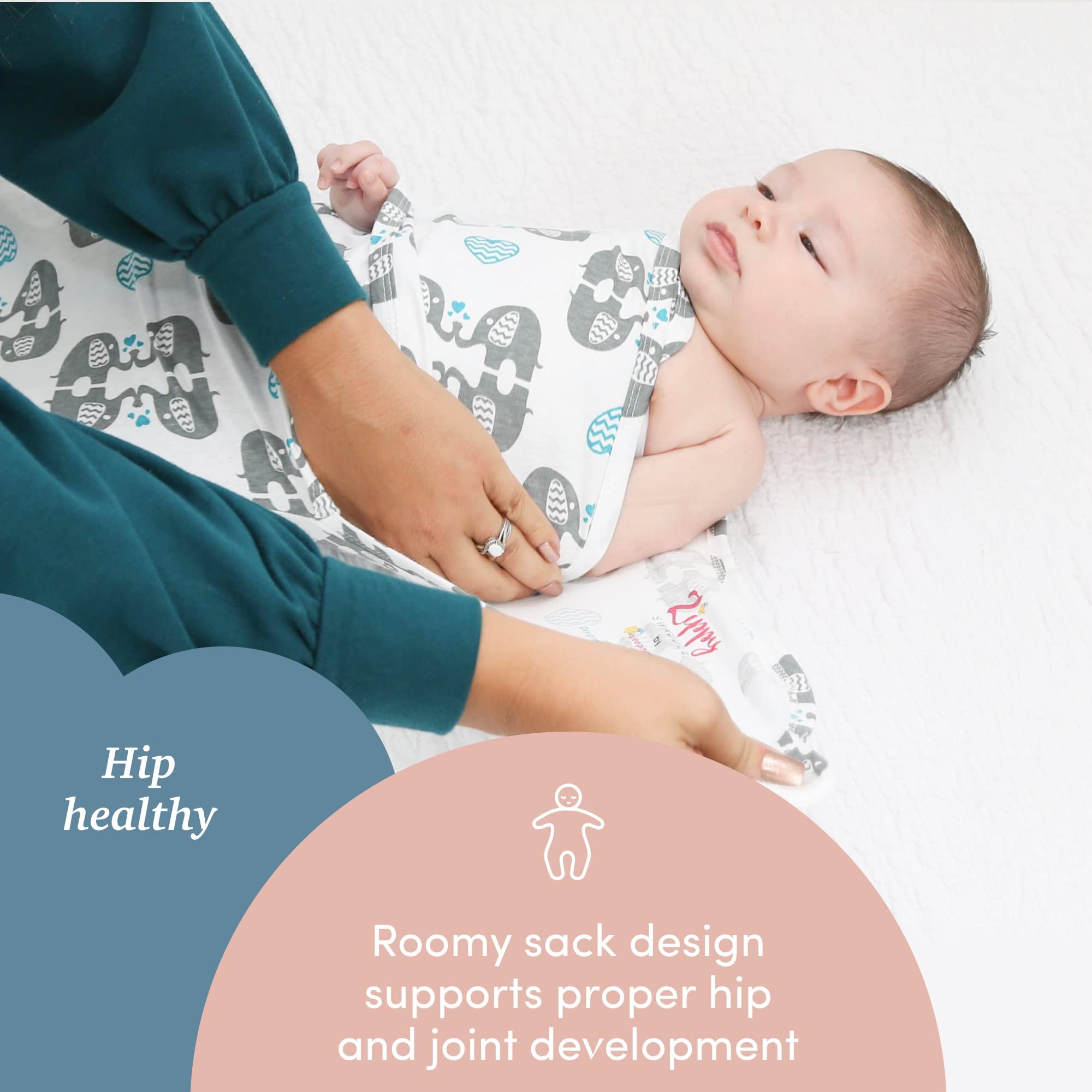 SleepingBaby Zippy Swaddle demonstrating easy diaper change access
