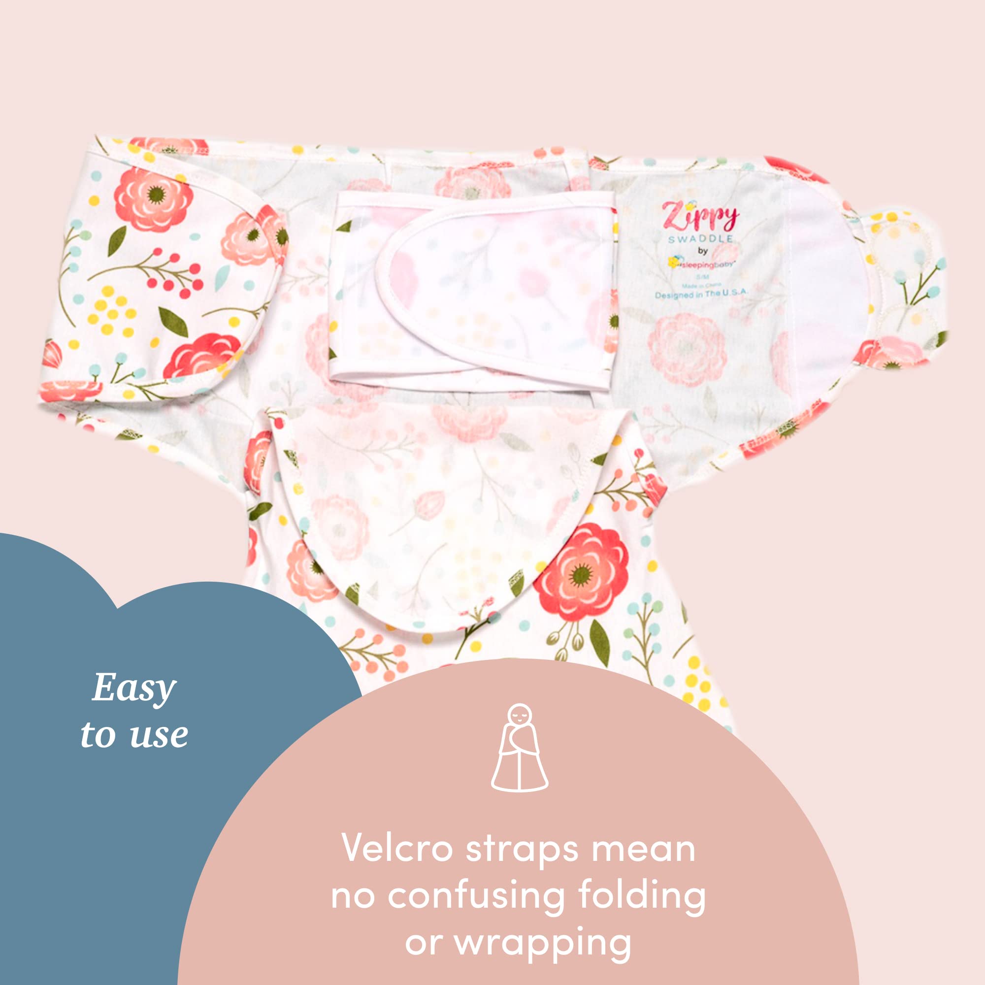 SleepingBaby Zippy Swaddle wearable blanket showcased for secure swaddle without restricted leg movement.