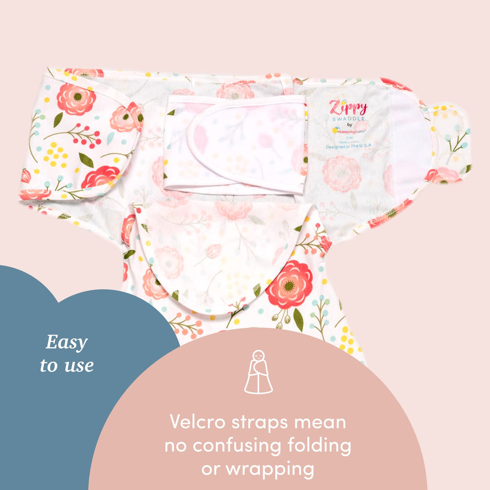 SleepingBaby Zippy Swaddle wearable blanket showcased for secure swaddle without restricted leg movement.