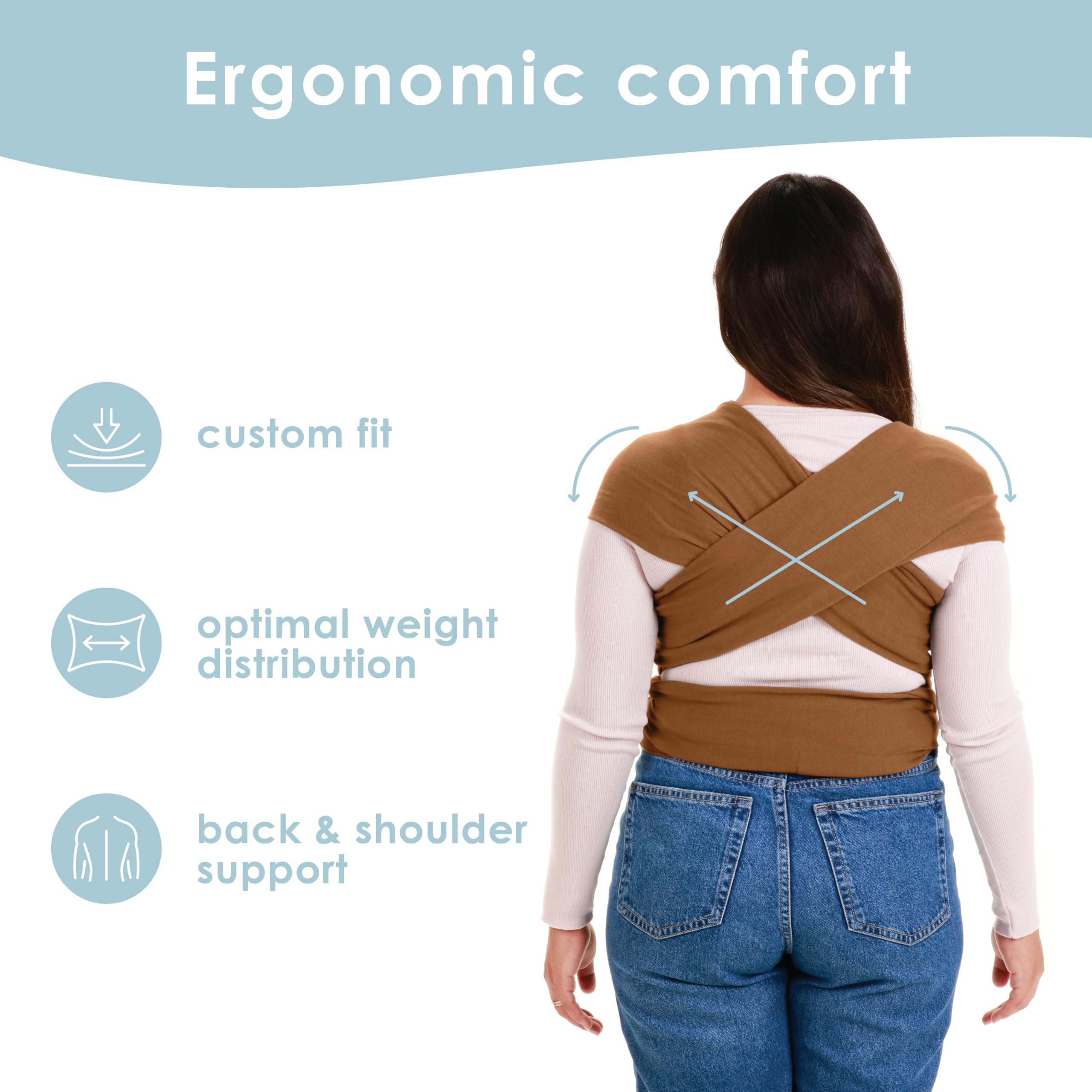 Sleepy Wrap Cinnamon front-carry usage demonstrating newborn-to-toddler support.