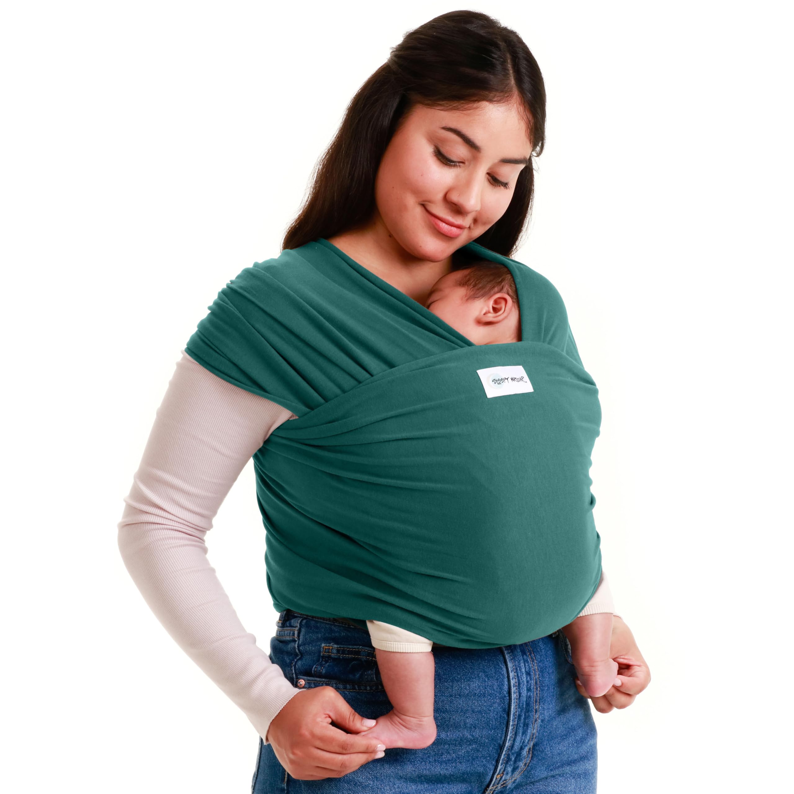 Sleepy Wrap dark green baby carrier closeup shows soft stretch fabric for comfort.