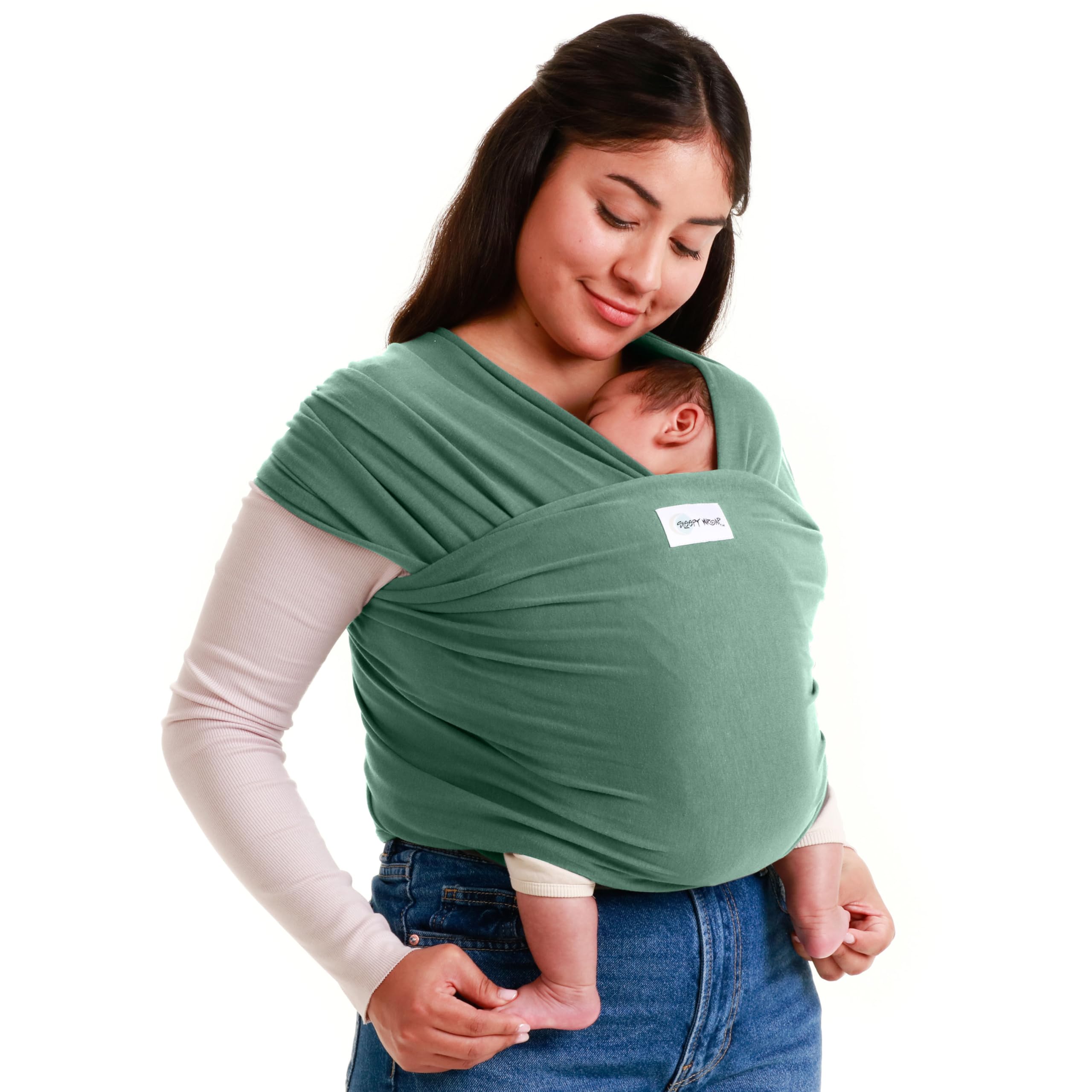 Sleepy Wrap soft-stretchy fabric in sage-green supports gentle baby-wearing