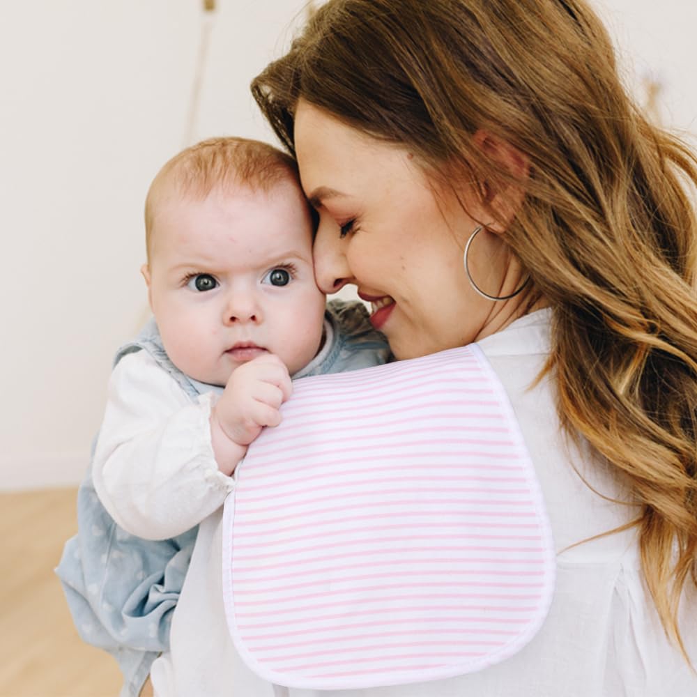 Sleepyturtle burp-cloths on-baby-shoulder show easy placement and quick cleanup.