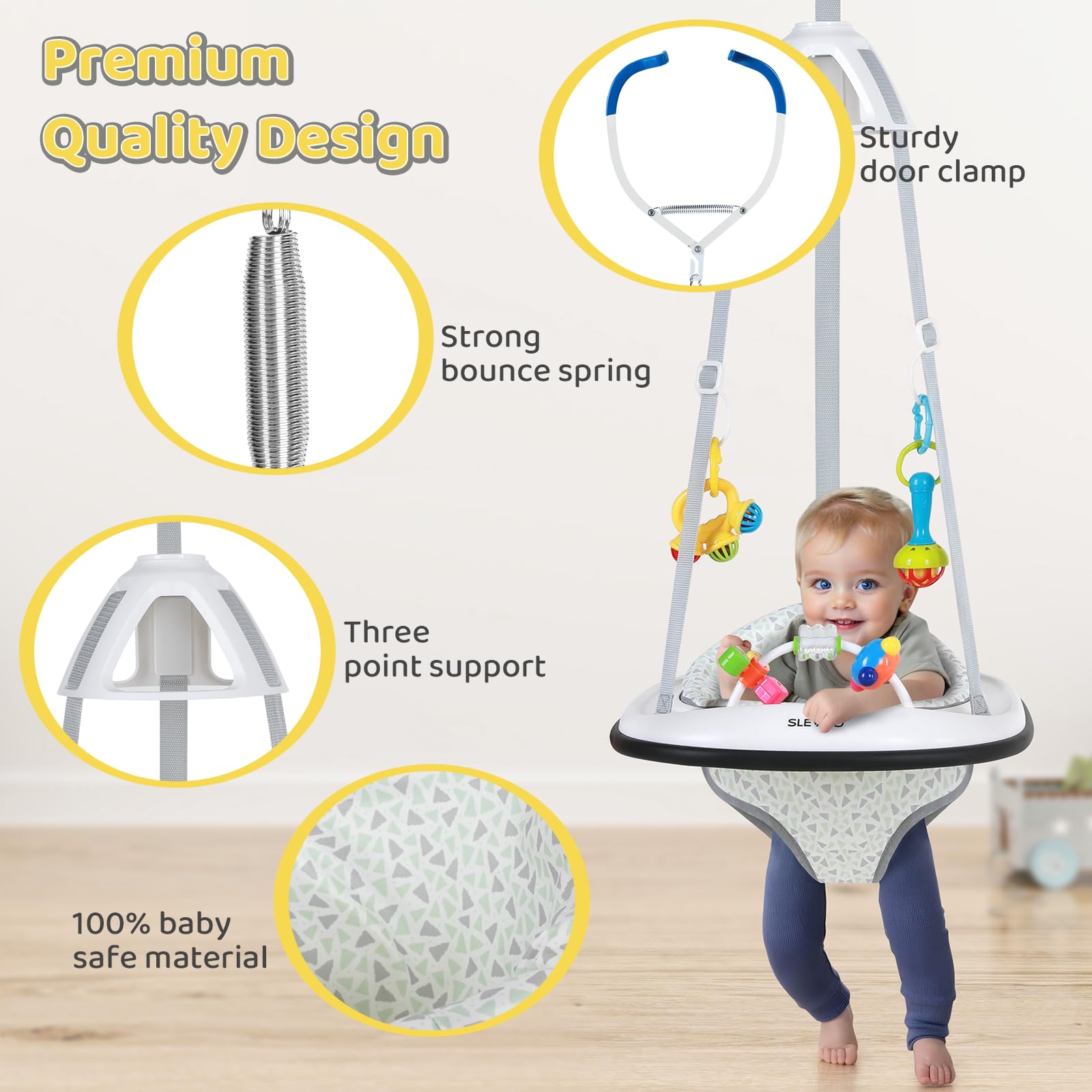 Slevoo Baby Jumper baby in jumper demonstrates safe upright bouncing in a doorway.