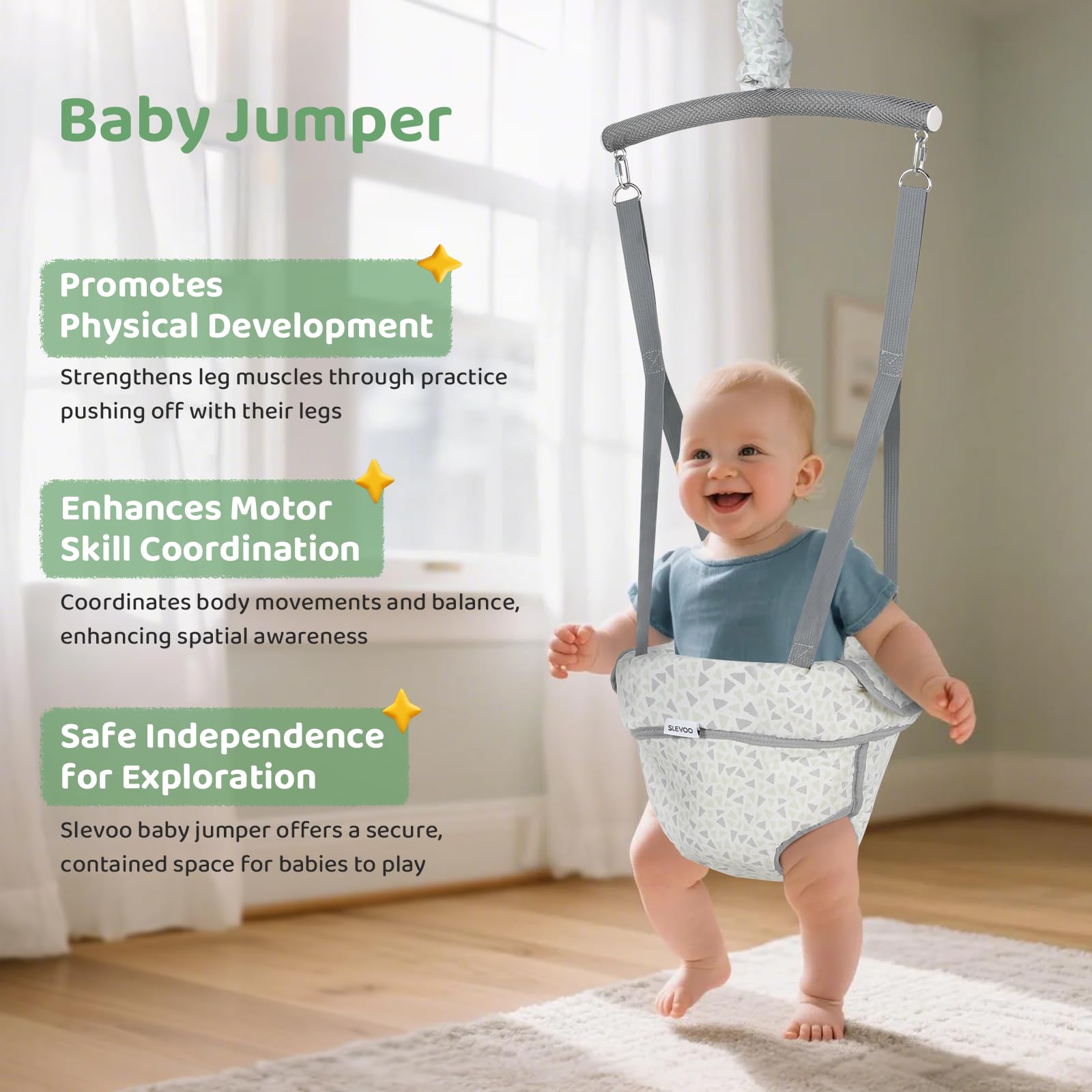 Slevoo Baby Jumper easy-entry action for fast, stress-free transitions.