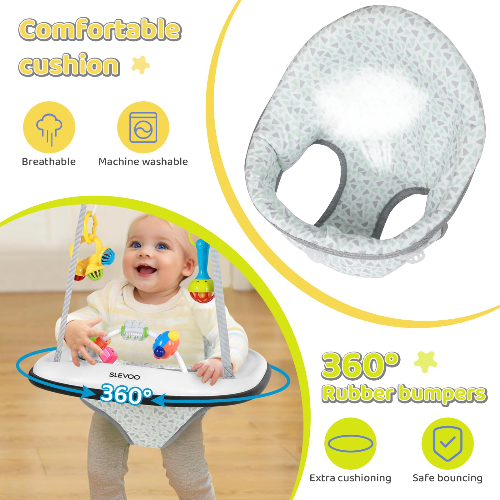 Slevoo Baby Jumper jingle rattles provide delightful sounds to encourage reaching.