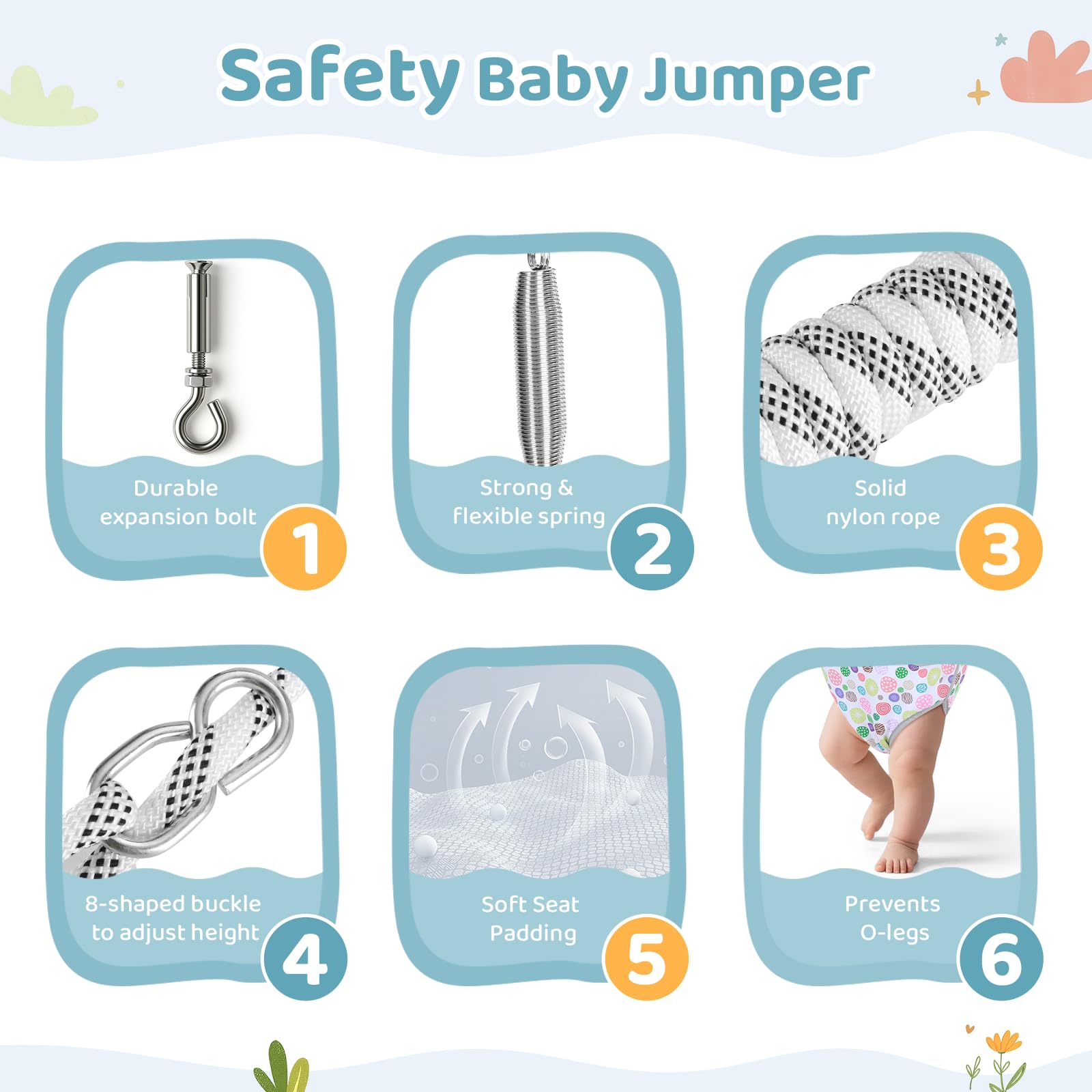 Slevoo Baby Jumper included kit features hook bolt rope and safety extensions
