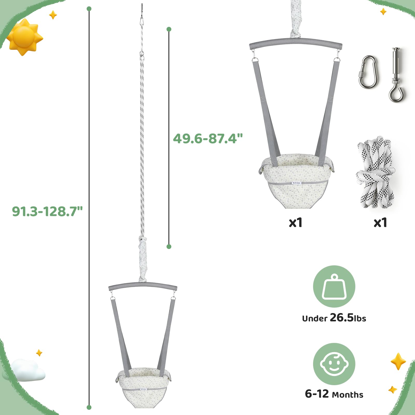Slevoo Baby Jumper ready-kit highlights quick setup with hook, bolt, and rope.