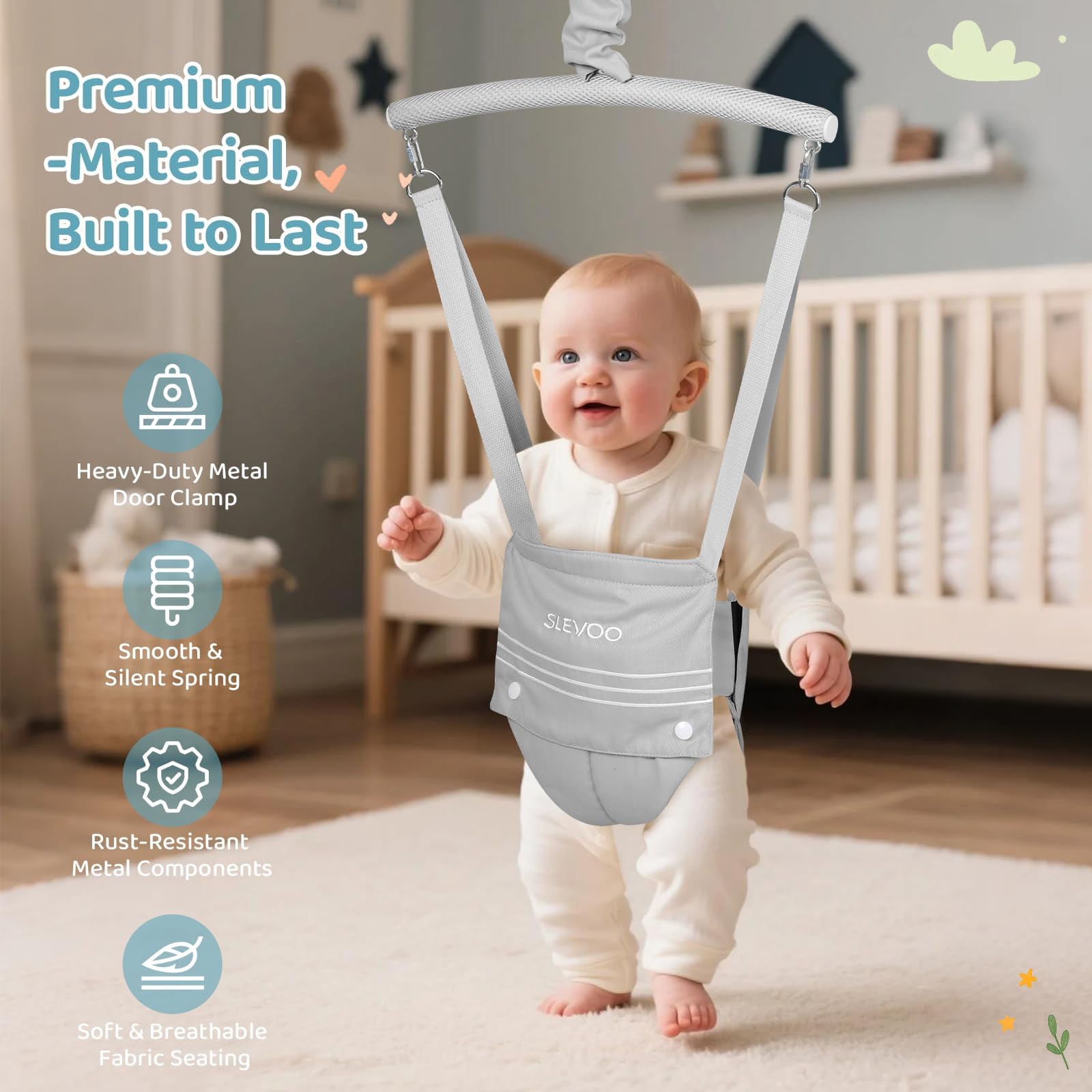 Slevoo baby jumper safety-guide graphic communicates usage and supervision tips for parents