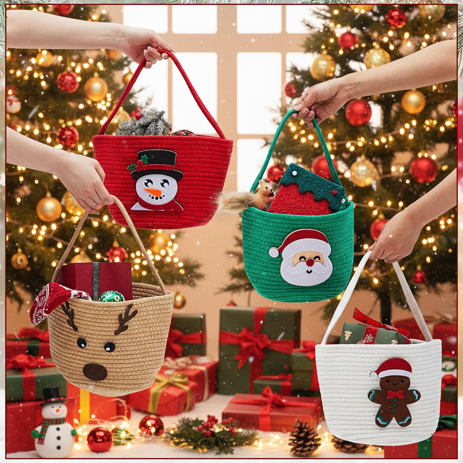 Sliner Christmas woven basket reinforced handles, easy carry for gifts and snacks.
