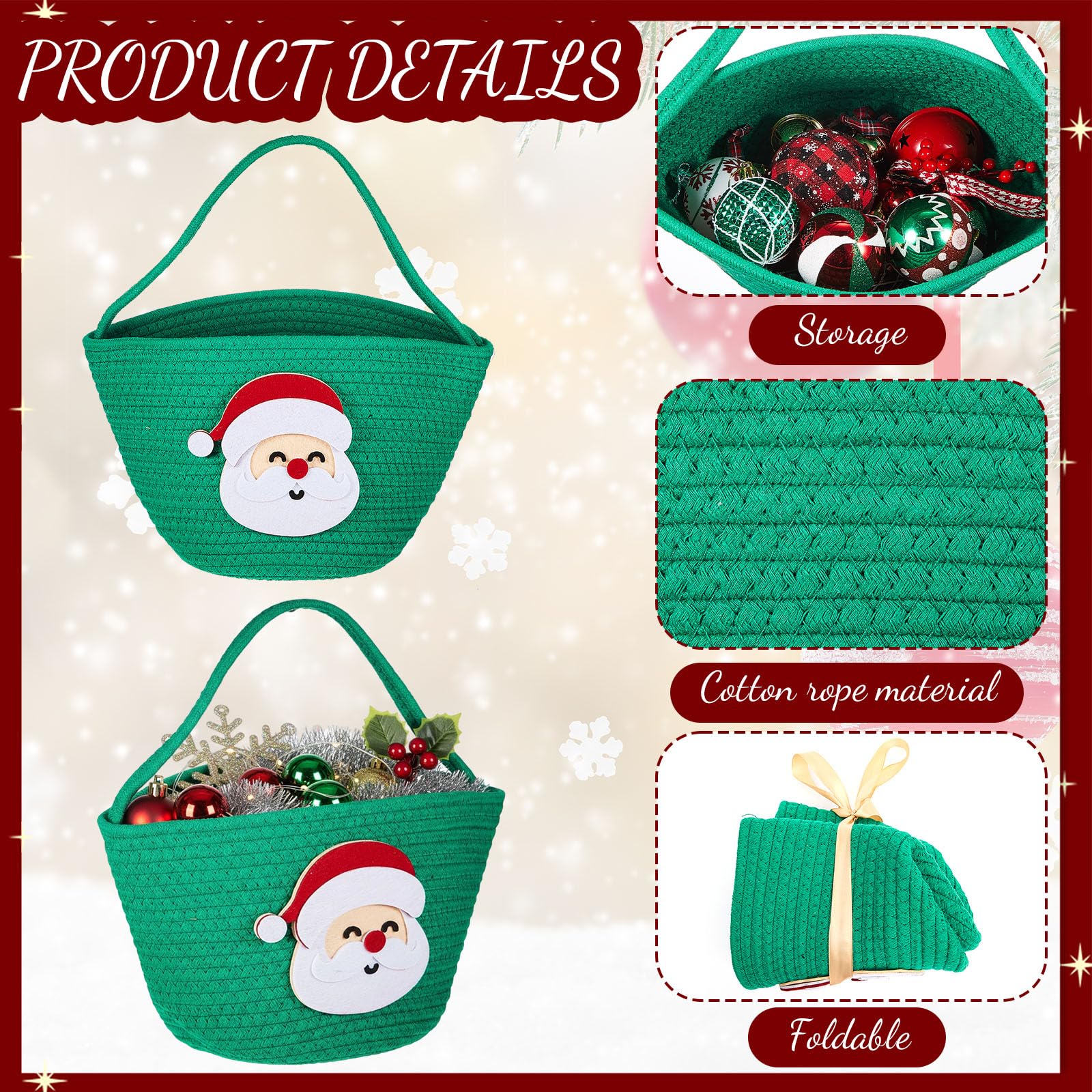 Sliner Christmas woven basket Santa pattern, great for gifts and holiday decor.