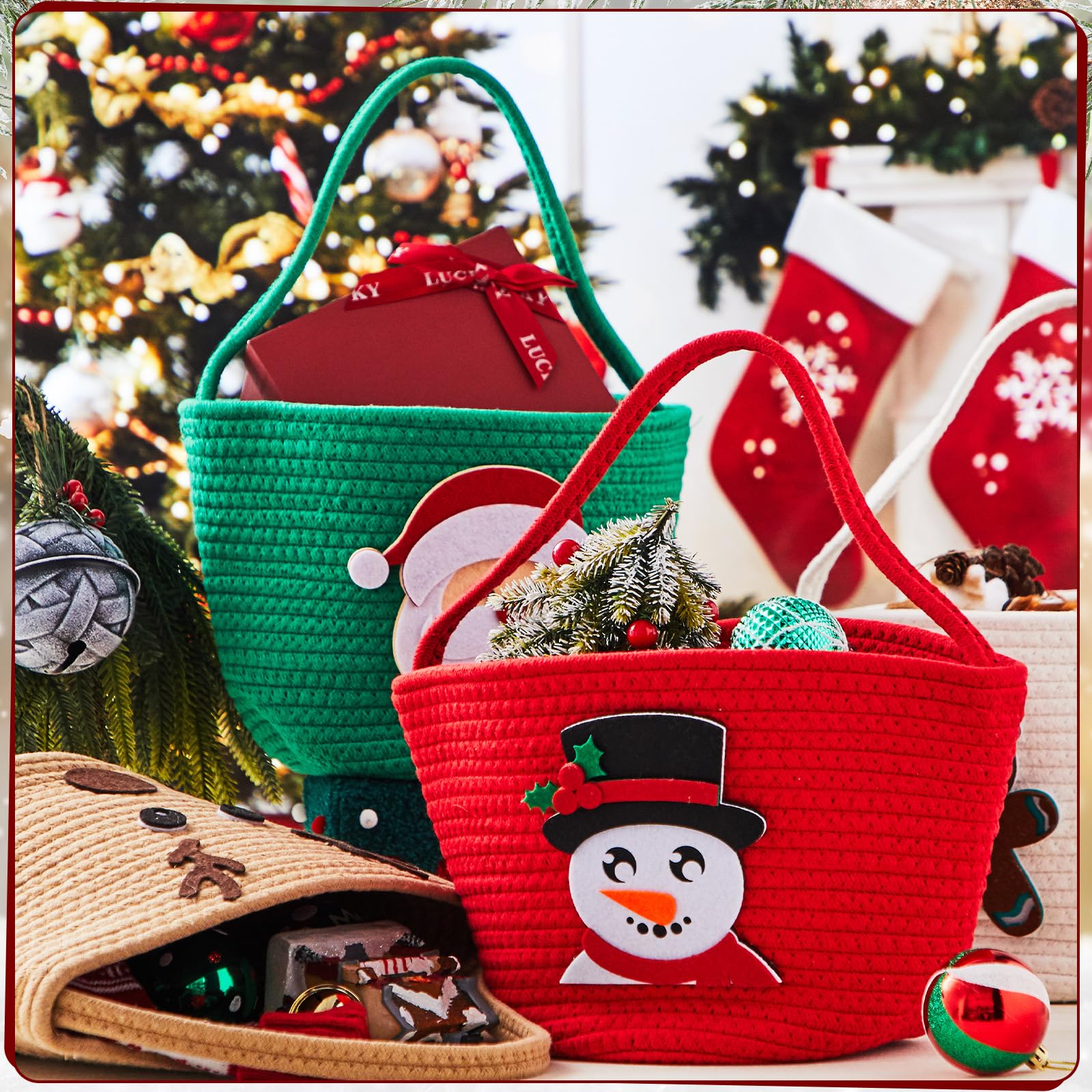 Sliner Christmas woven basket under-tree display, perfect for festive gift storage.