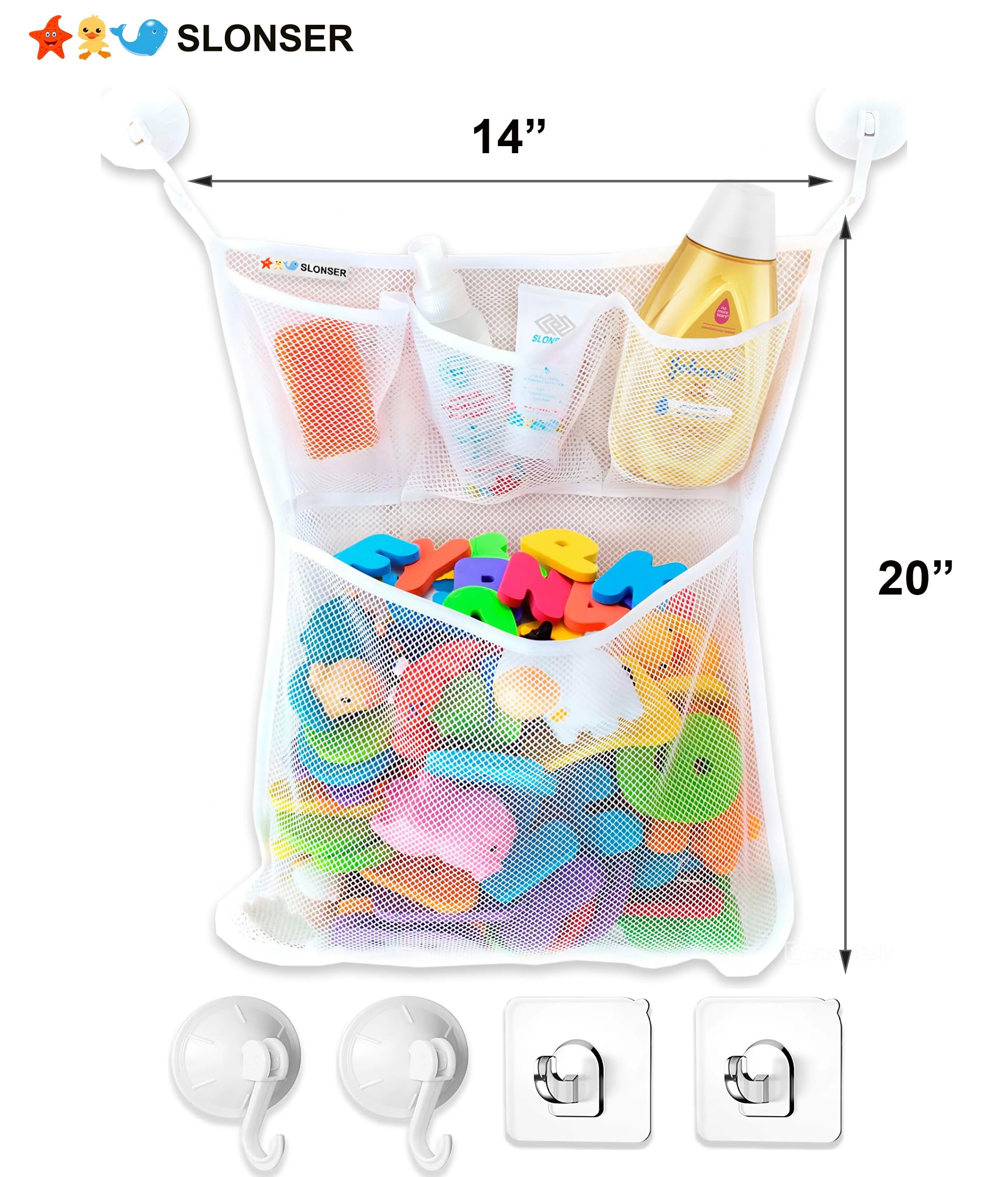 Slonser baby bath toy net neatly holds toys while drying and waiting for next use