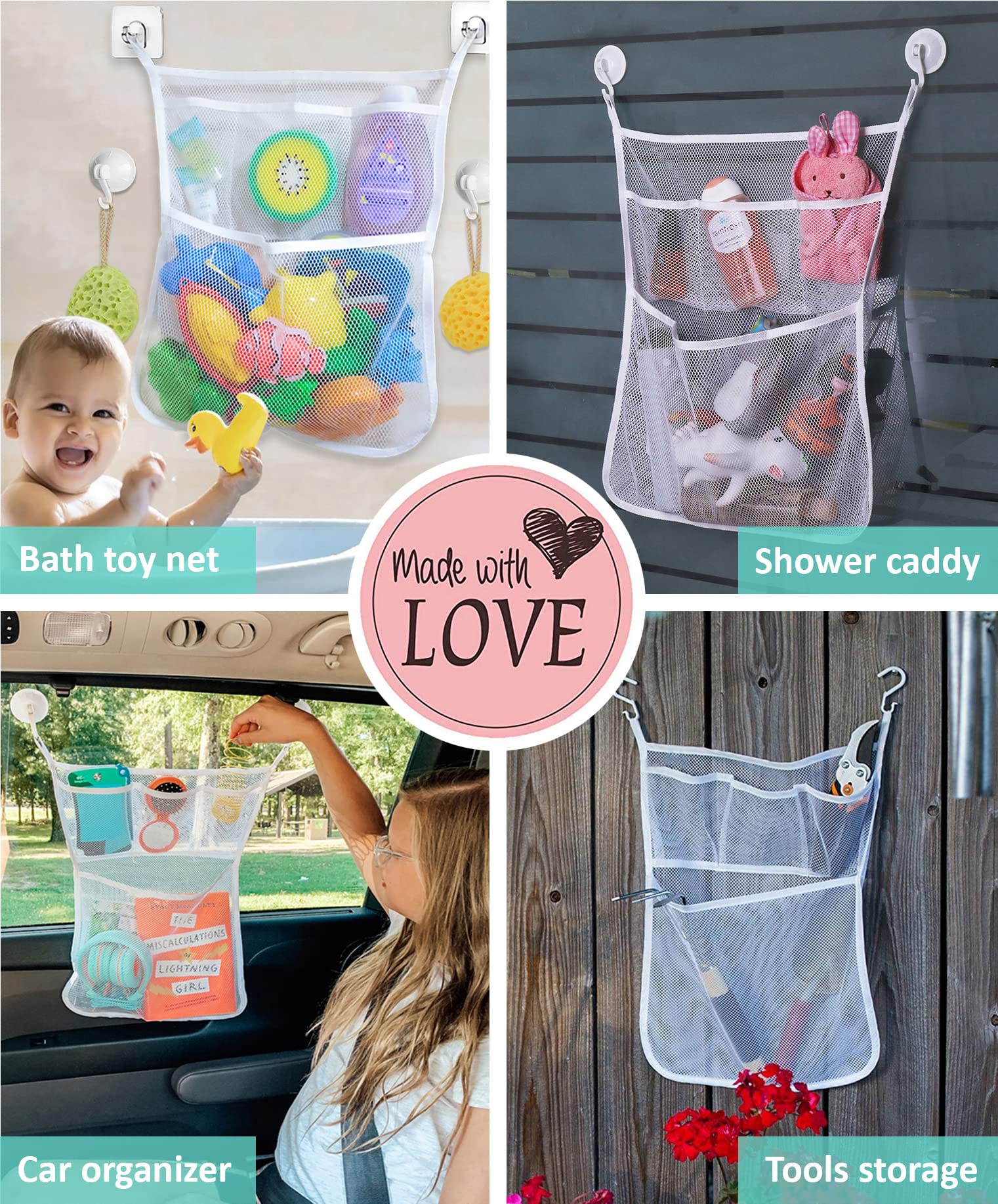Slonser bath toy caddy with wall hooks keeps bath essentials within reach