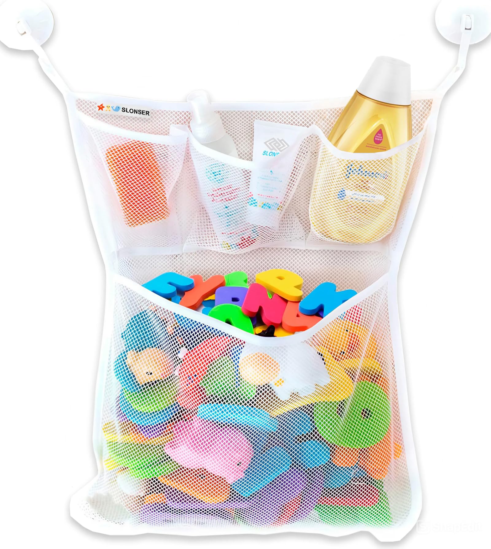 Slonser Bath Toy Holder 14x20 inches mounted with suction cups showing organized tub setup for toy storage