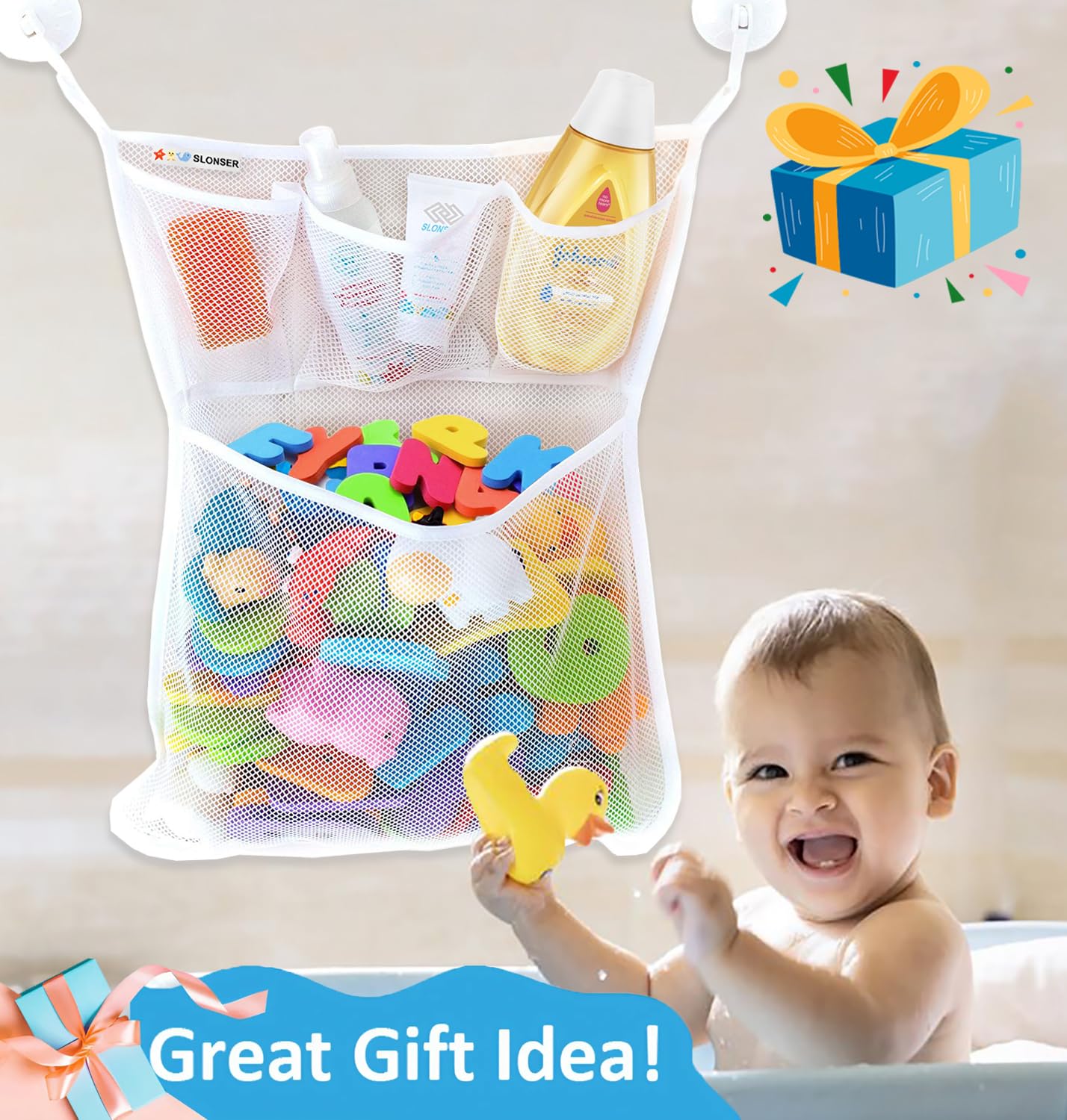 Slonser kids bath organizer mesh reducing clutter and speeding toy clean-up