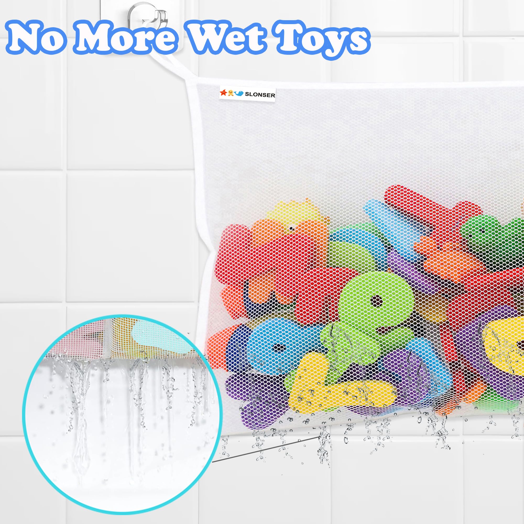 Slonser kids bath tub toy holder basket organizes toys after bath playtime.