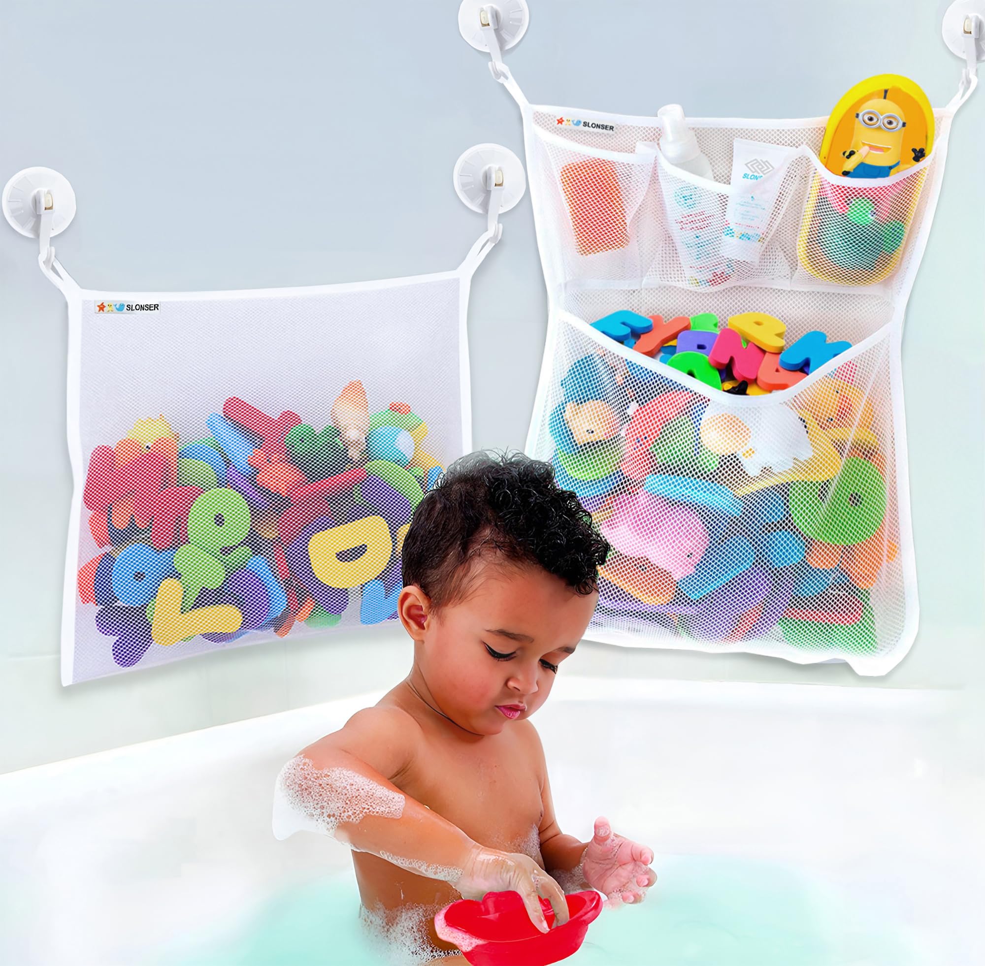 Slonser large bath toy holder in corner mesh bag keeps tub toys organized and dry.