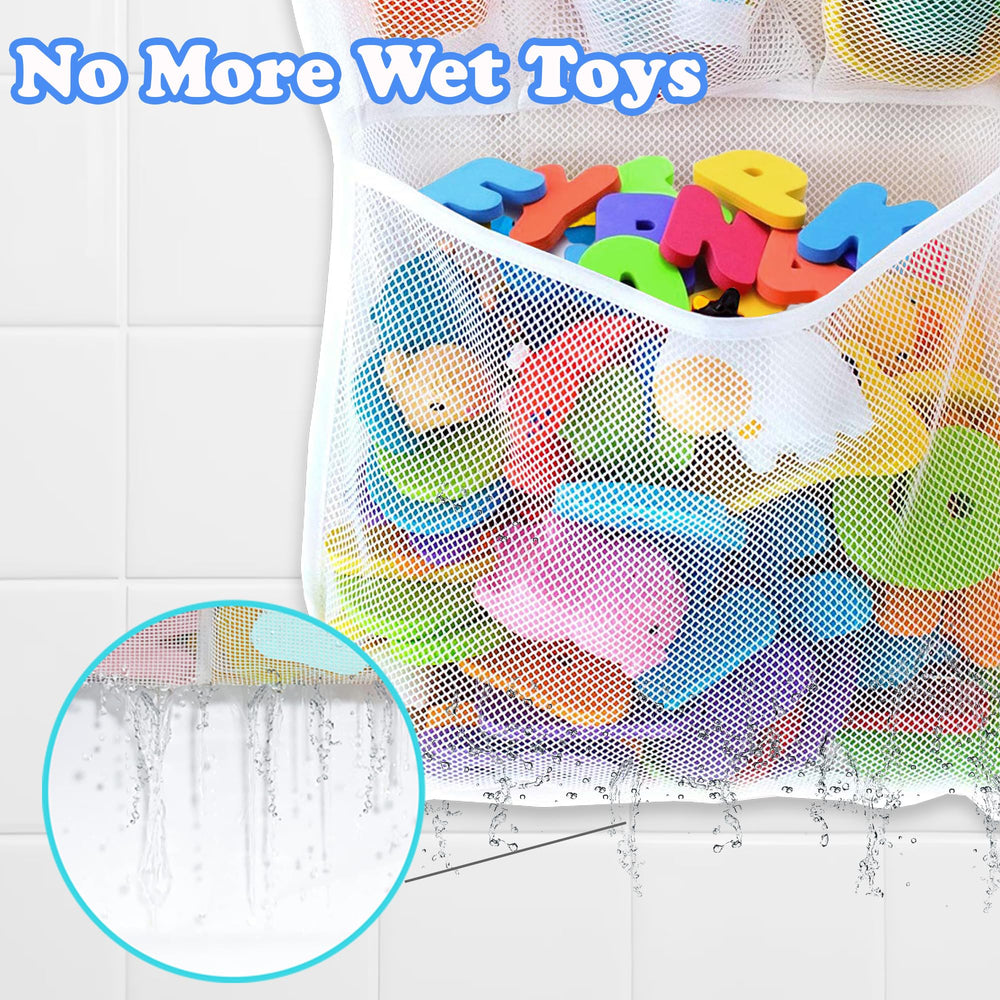 Slonser mesh tub toy storage basket drying after bath time in a bright bathroom