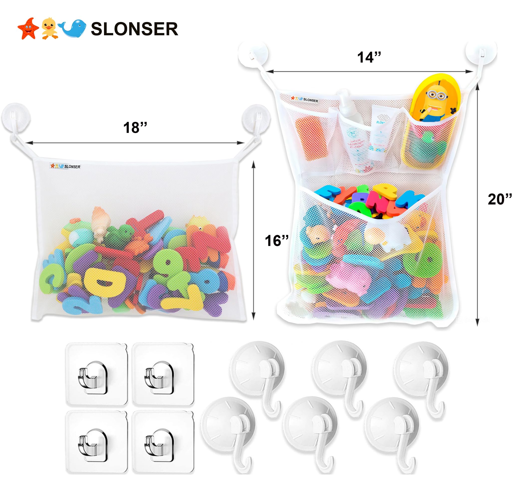 Slonser hanging bath toy bin offers easy access for kids during tub time.