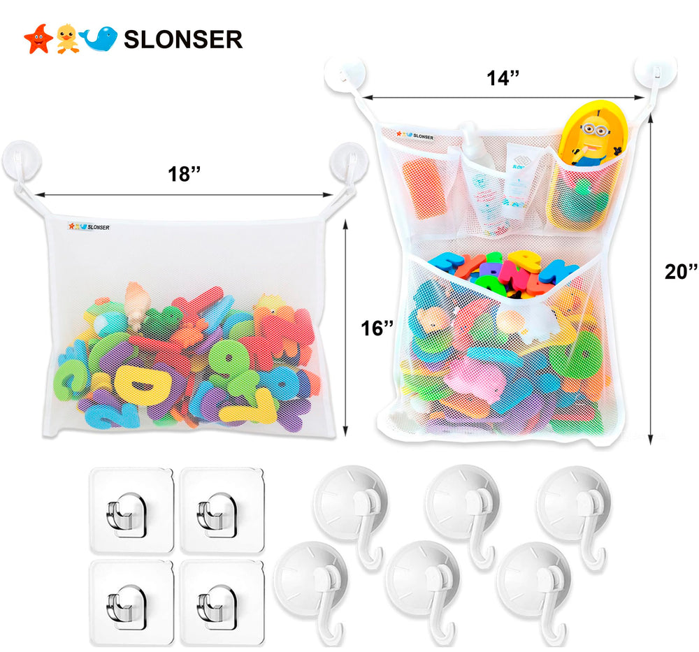 Slonser hanging bath toy bin offers easy access for kids during tub time.