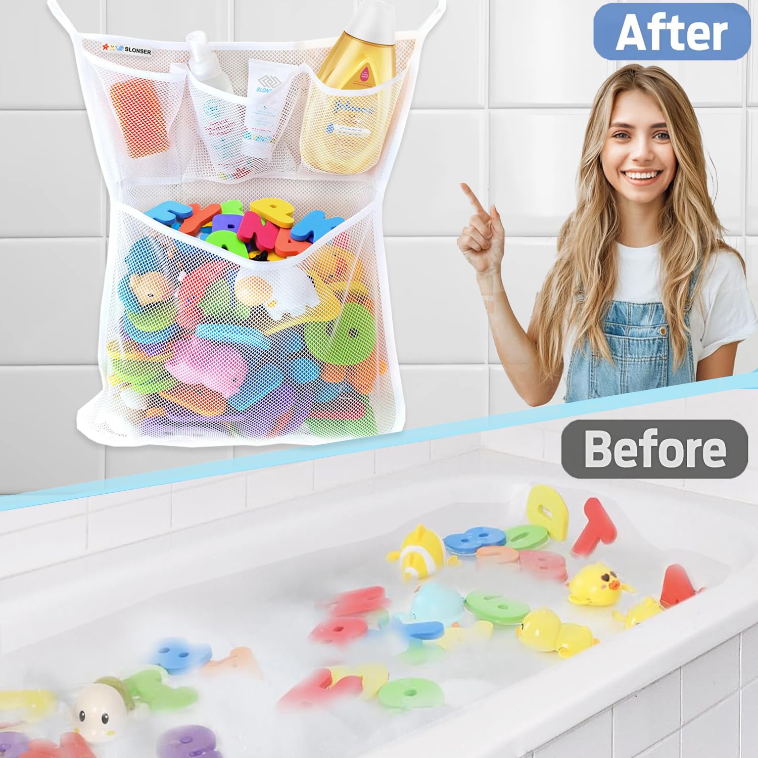Slonser tub toy bin with suction cups securely attached to tub wall for stable storage