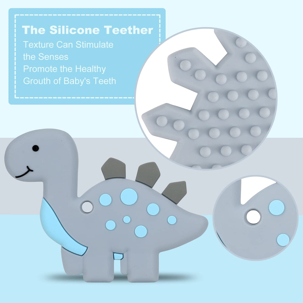 Slotic dinosaur teether close-up highlights durable silicone for chewing comfort.