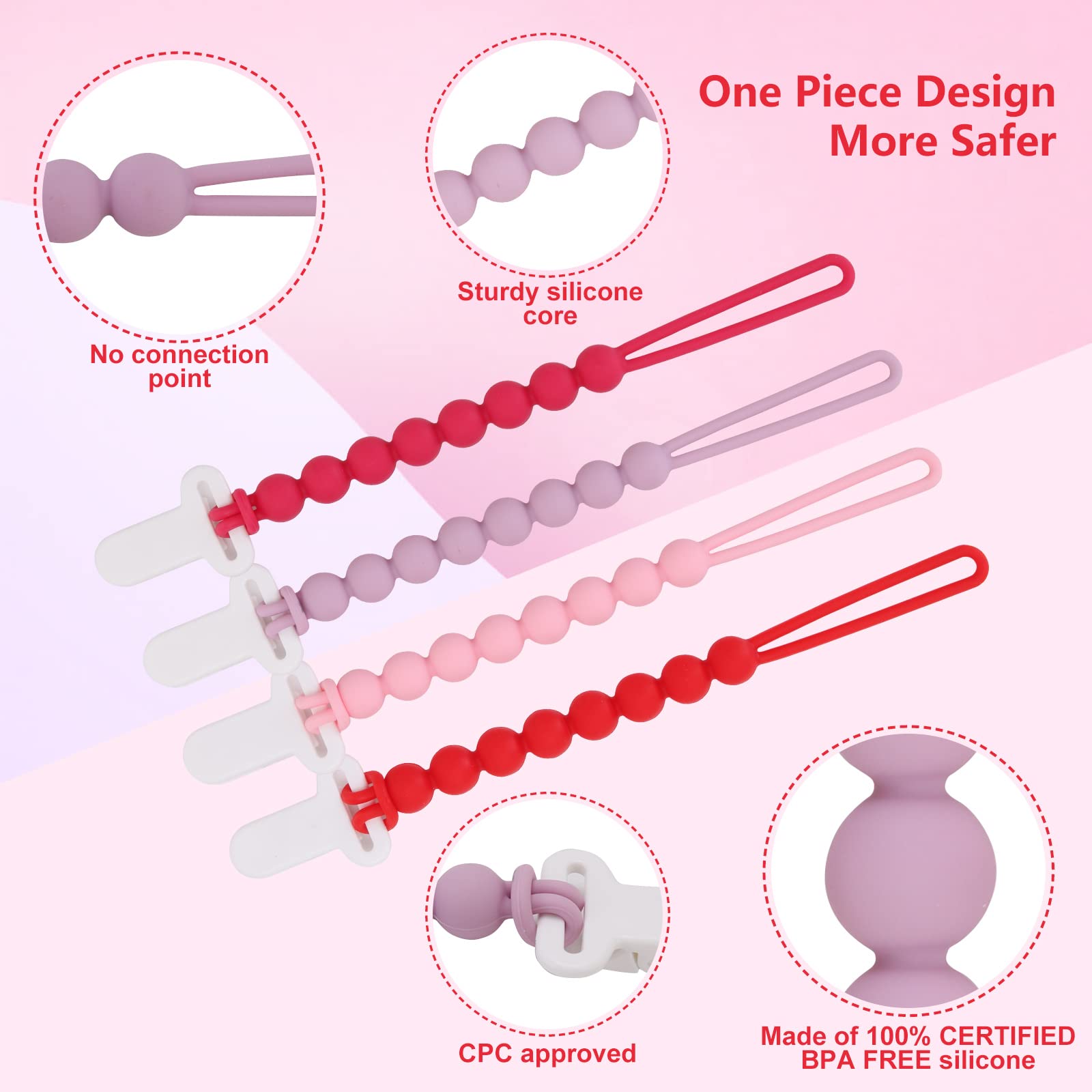Slotic pacifier clip pink food-grade silicone beads emphasize safe teething-friendly materials.