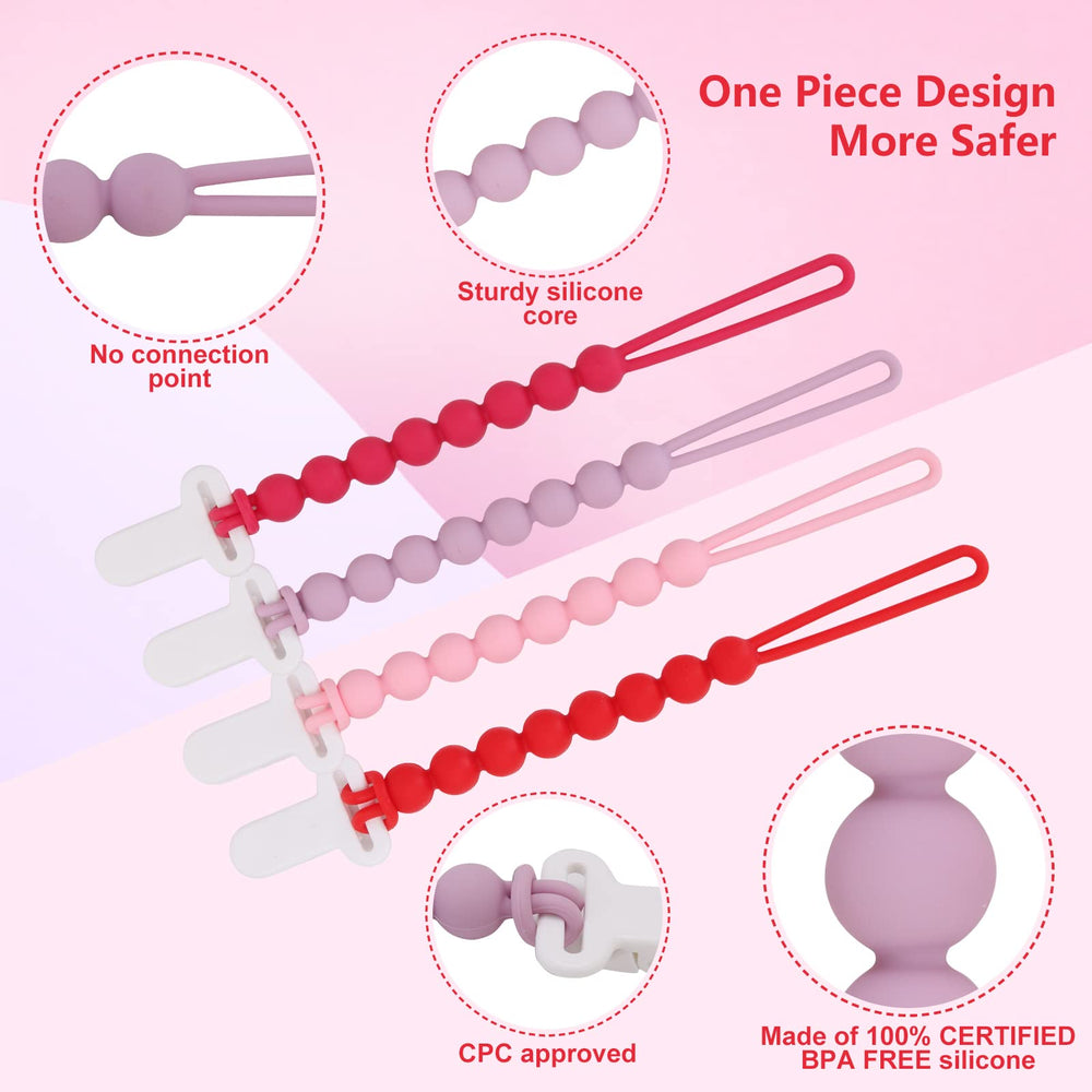 Slotic pacifier clip pink food-grade silicone beads emphasize safe teething-friendly materials.