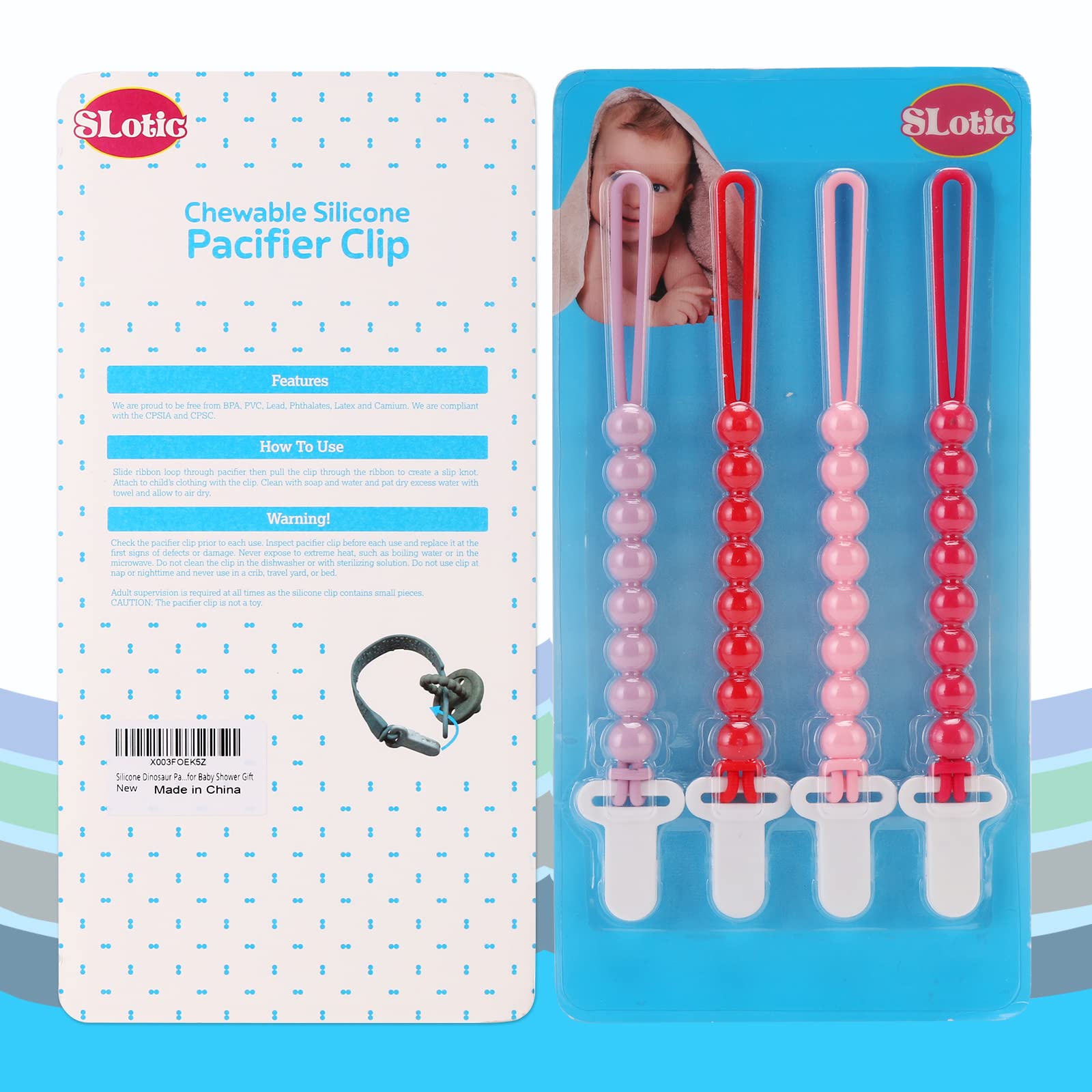 Slotic pacifier clip pink fits ages 3-6 and 6-18 months for versatile use.